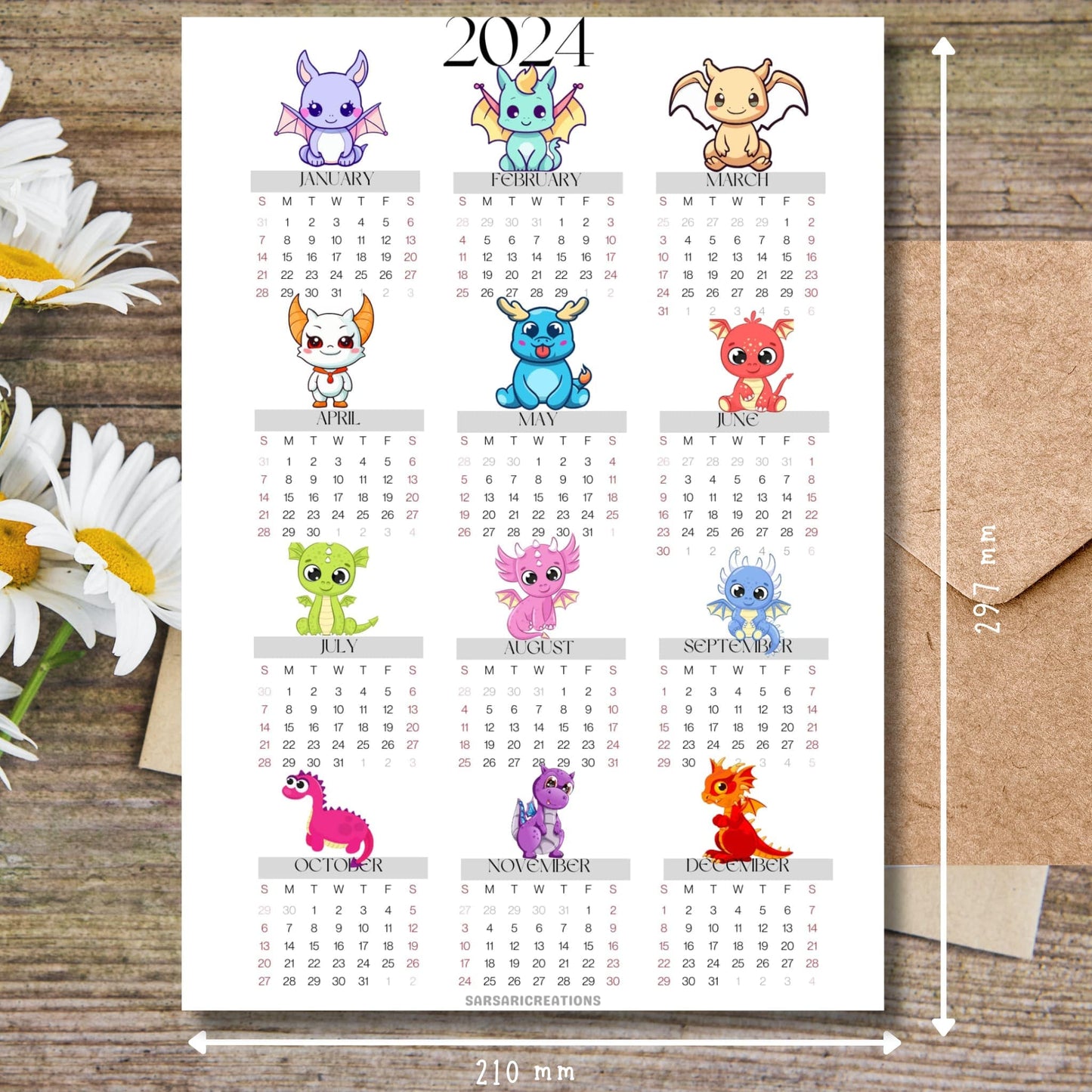 Dragon-themed 2024 calendar on brown wooden desk with white flowers and size guide.