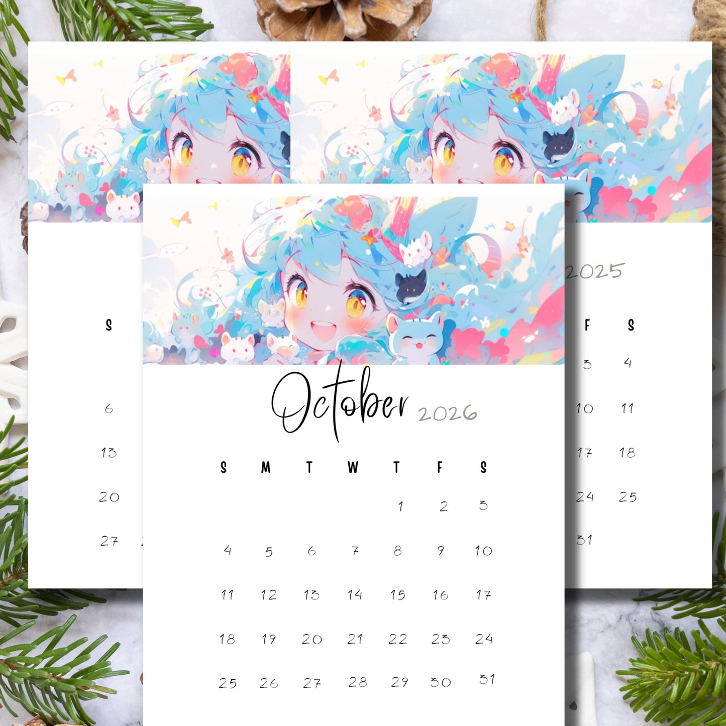 Three-year October calendar preview for 2024-2026 featuring a whimsical kawaii girl with blue hair surrounded by cute animals, displayed with pinecones and foliage, highlighting the vertical 11 x 8.5-inch layout.