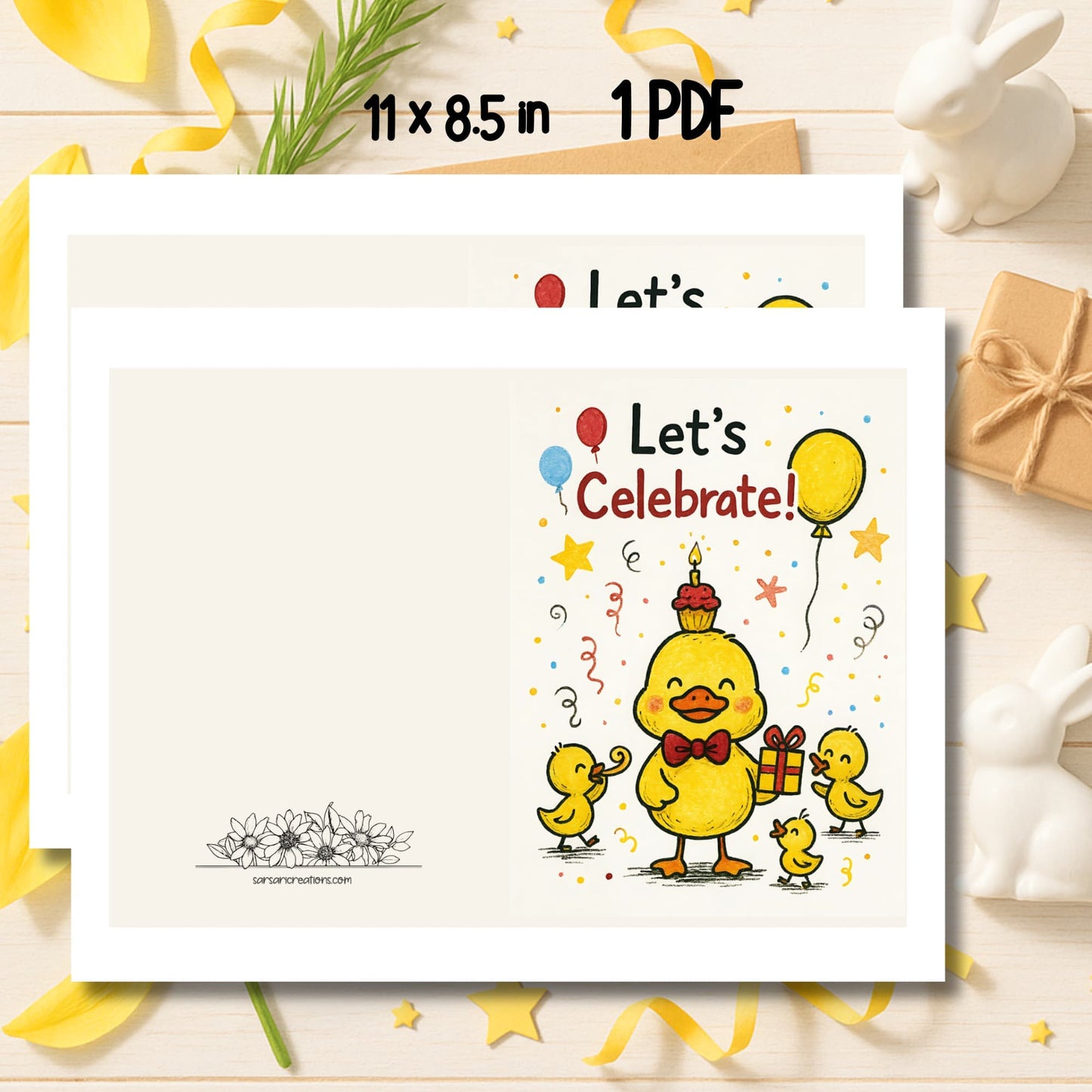 Let's Celebrate duck family birthday card with cupcake and balloons surrounded by yellow ribbons and gifts