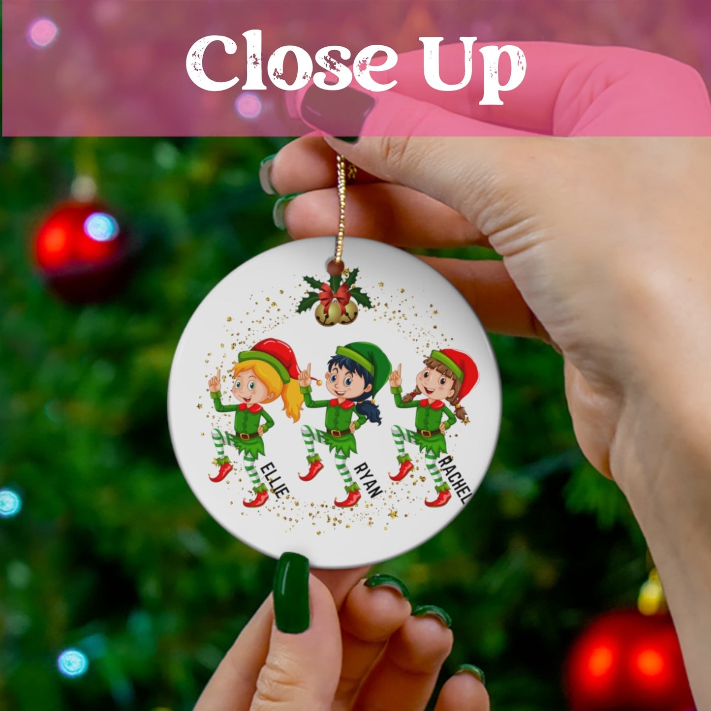 Close-up view of a Custom Christmas Elf Ornament in a person's hand, providing a true perspective of its size.