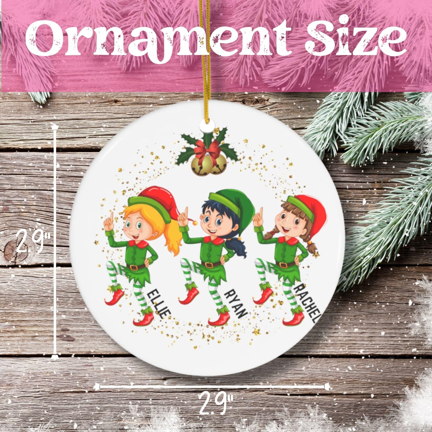 Size guide for Custom Christmas Elf Ornaments displayed on a wooden table for easy comparison