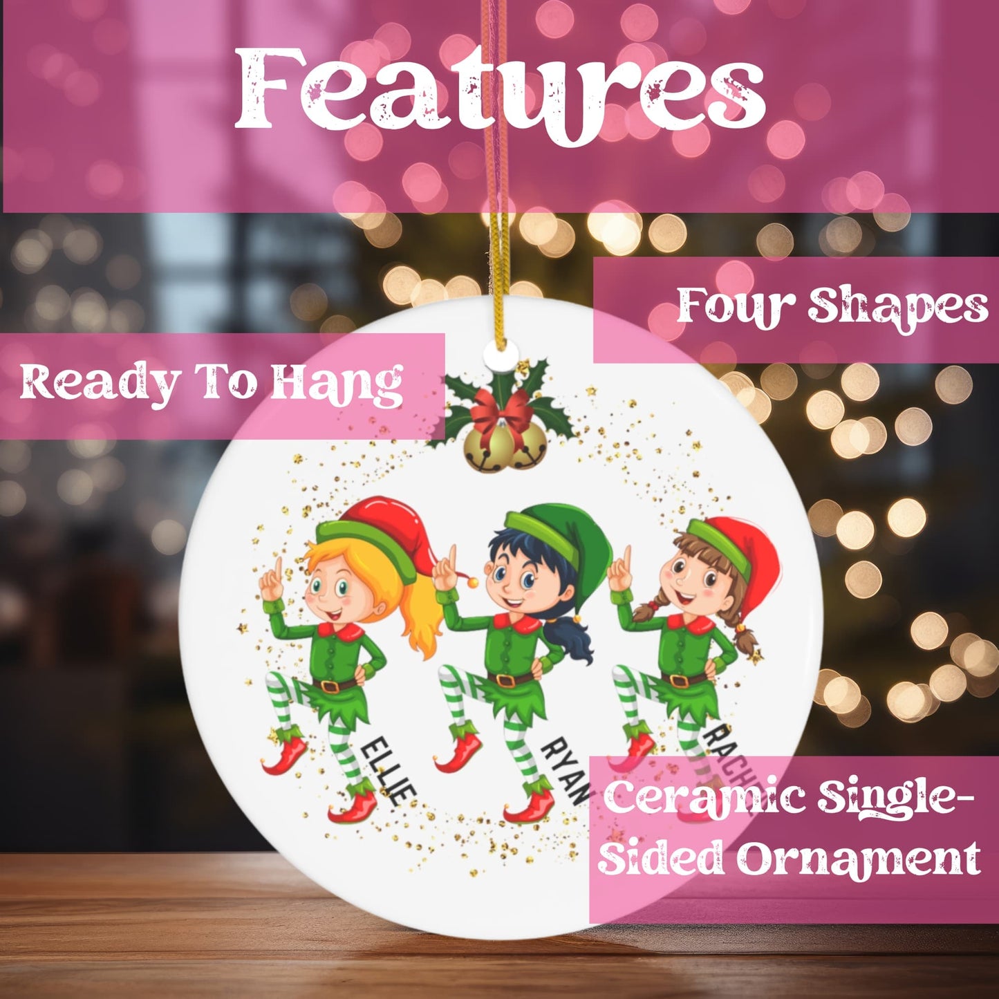 Custom Christmas elf ornament on a wooden table, illuminated by twinkling lights in the background.