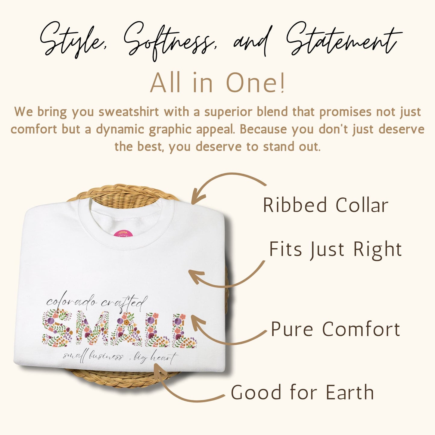 Highlighted Features of Custom Colorado's Small Business Owner Crewneck Long Sleeve Sweatshirt.