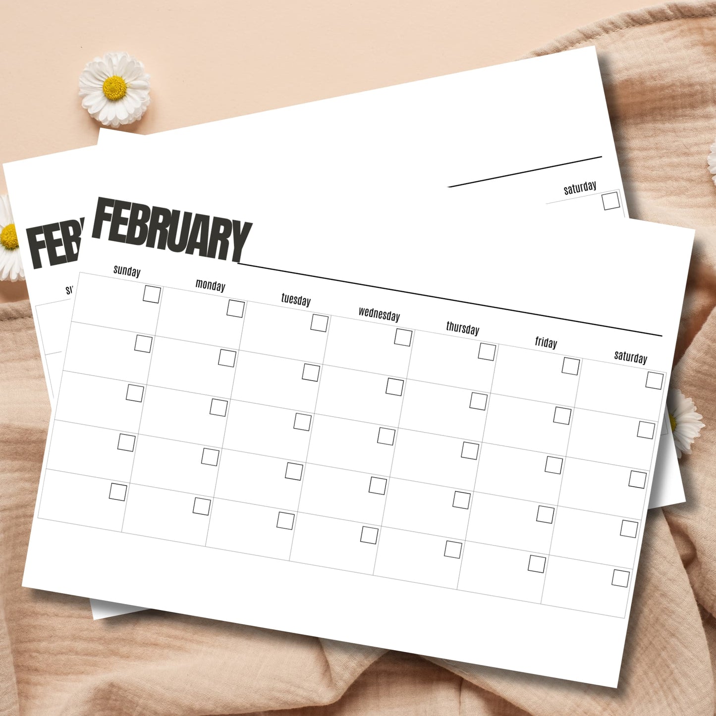Free February blank calendar template 8.5x11 printable monthly planner on wood background with daisies
