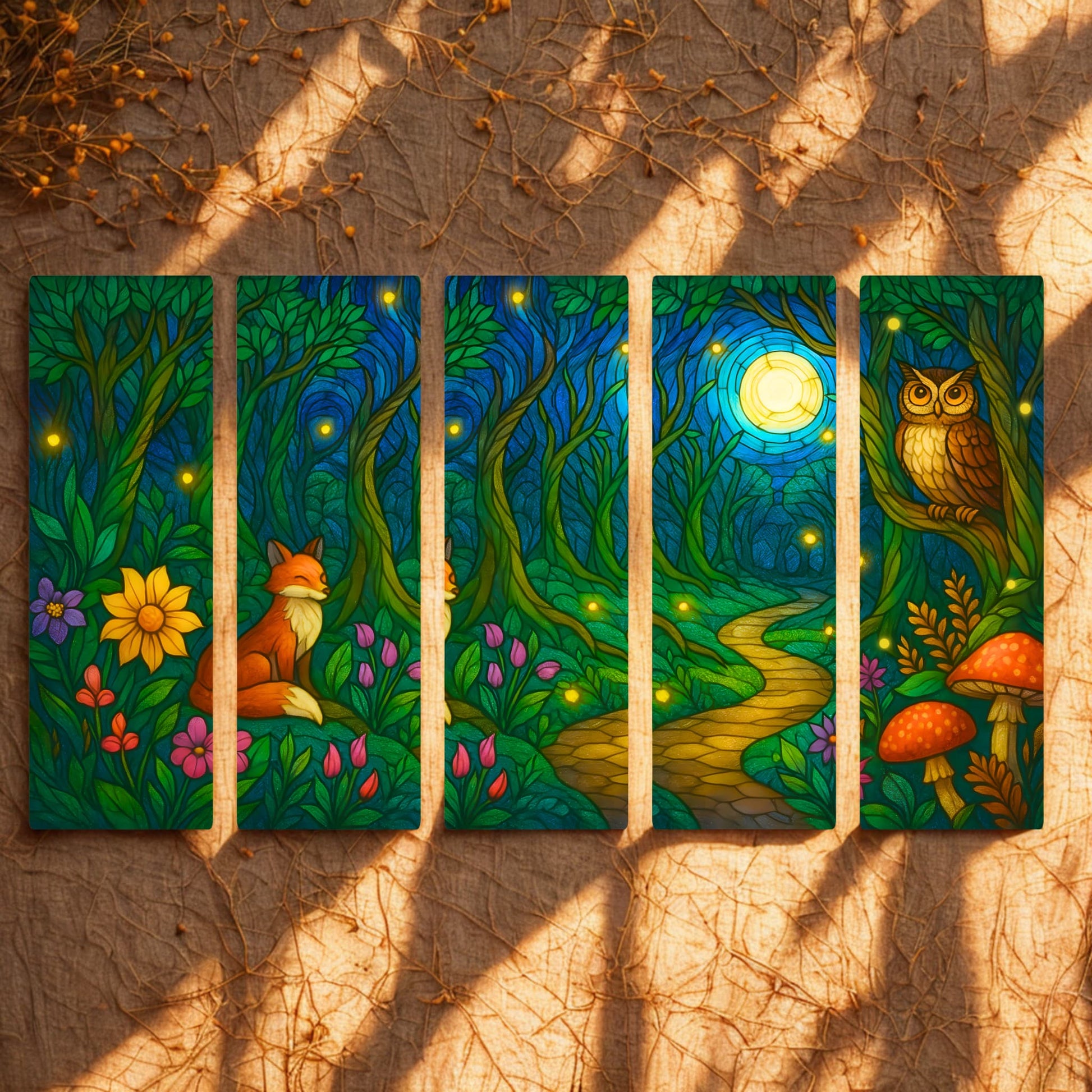 Five stained glass forest bookmarks featuring fox, owl, mushrooms and moonlit woodland path on textured background