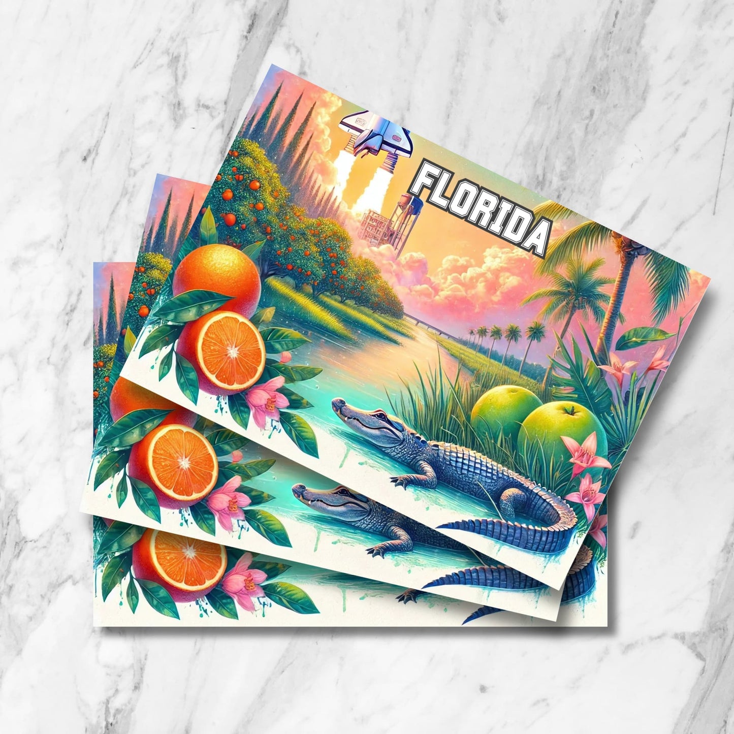 Colorful Florida art print featuring alligator, oranges, and palm trees with rocket launch at sunset – digital download postcard.