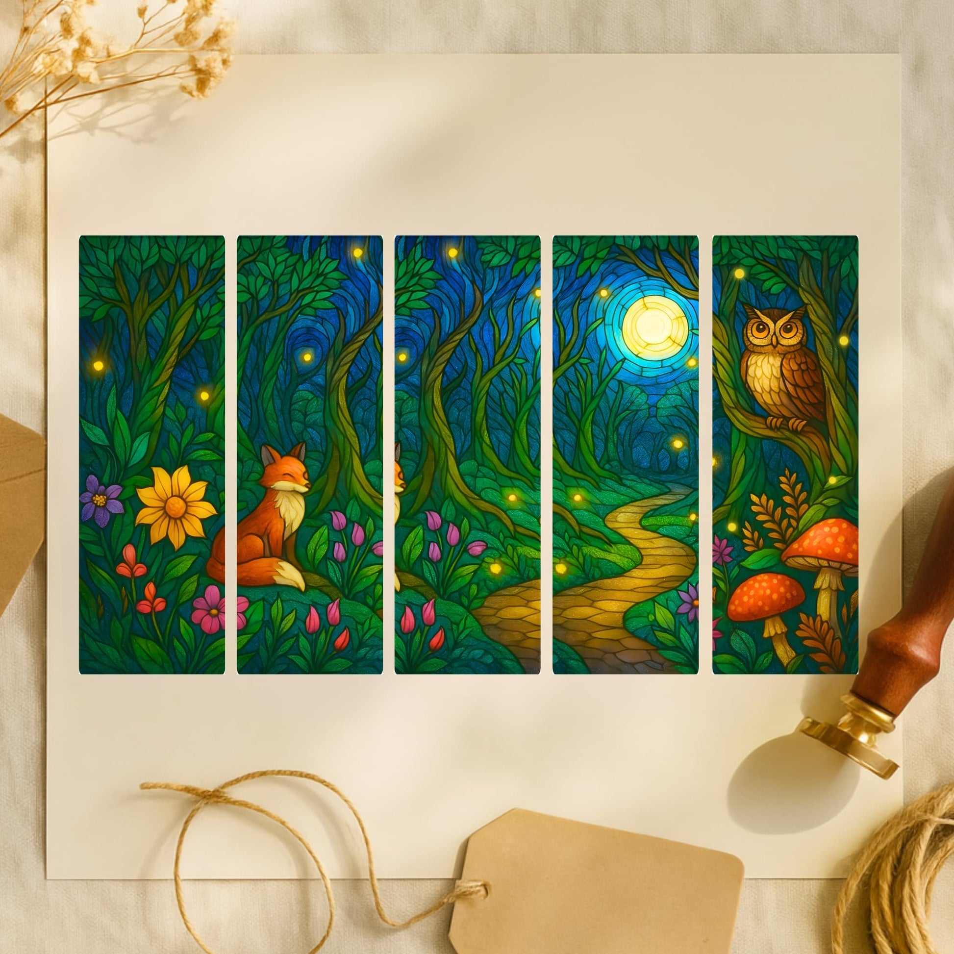Set of five forest animal stained glass bookmarks with wax seal and craft supplies on neutral background