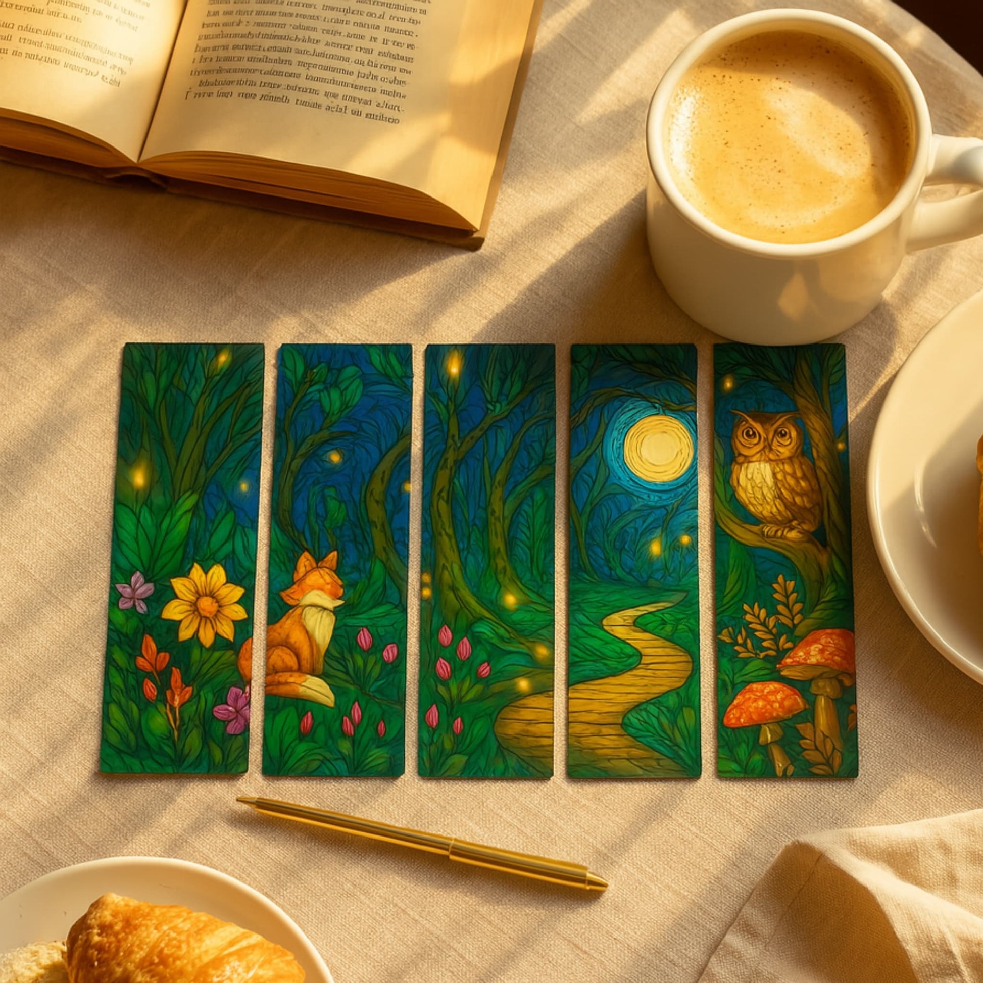 Five woodland stained glass bookmarks with fox, owl and mushrooms beside coffee cup, open book and golden pen