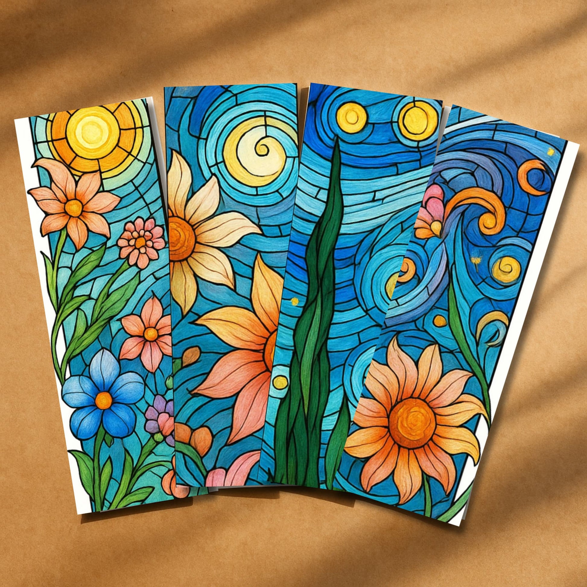 Set of four printable stained glass bookmarks featuring flowers, cypress tree, and swirling sky patterns