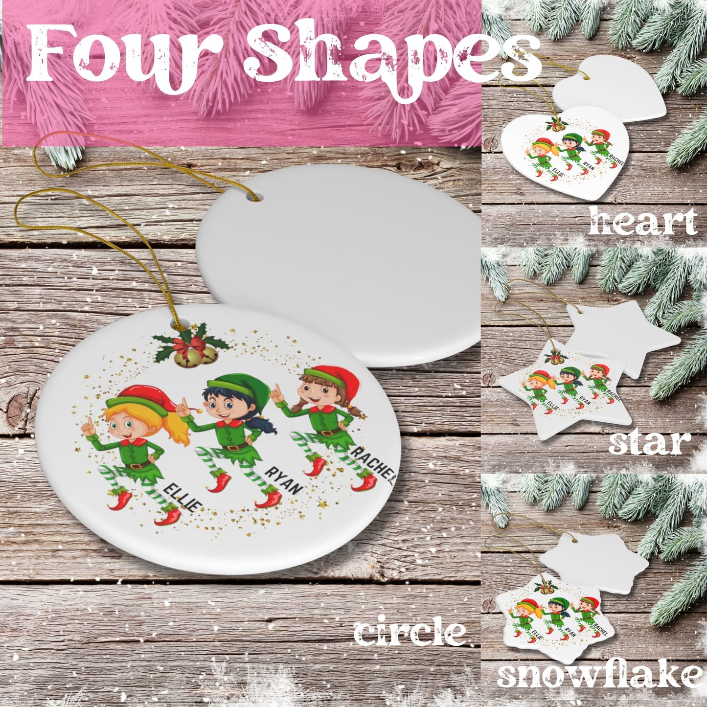 Custom Christmas Elf Ornaments in circle, star, heart, and snowflake shapes arranged on a table.