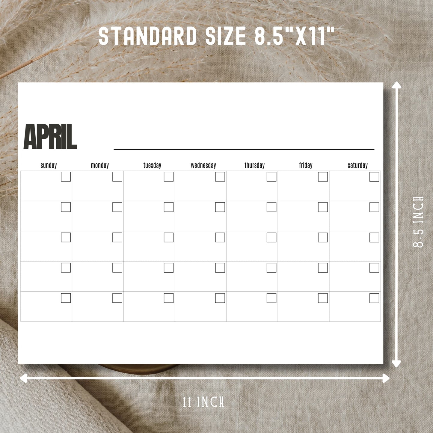 Free April calendar template showing standard 8.5x11 inch dimensions for spring event planning
