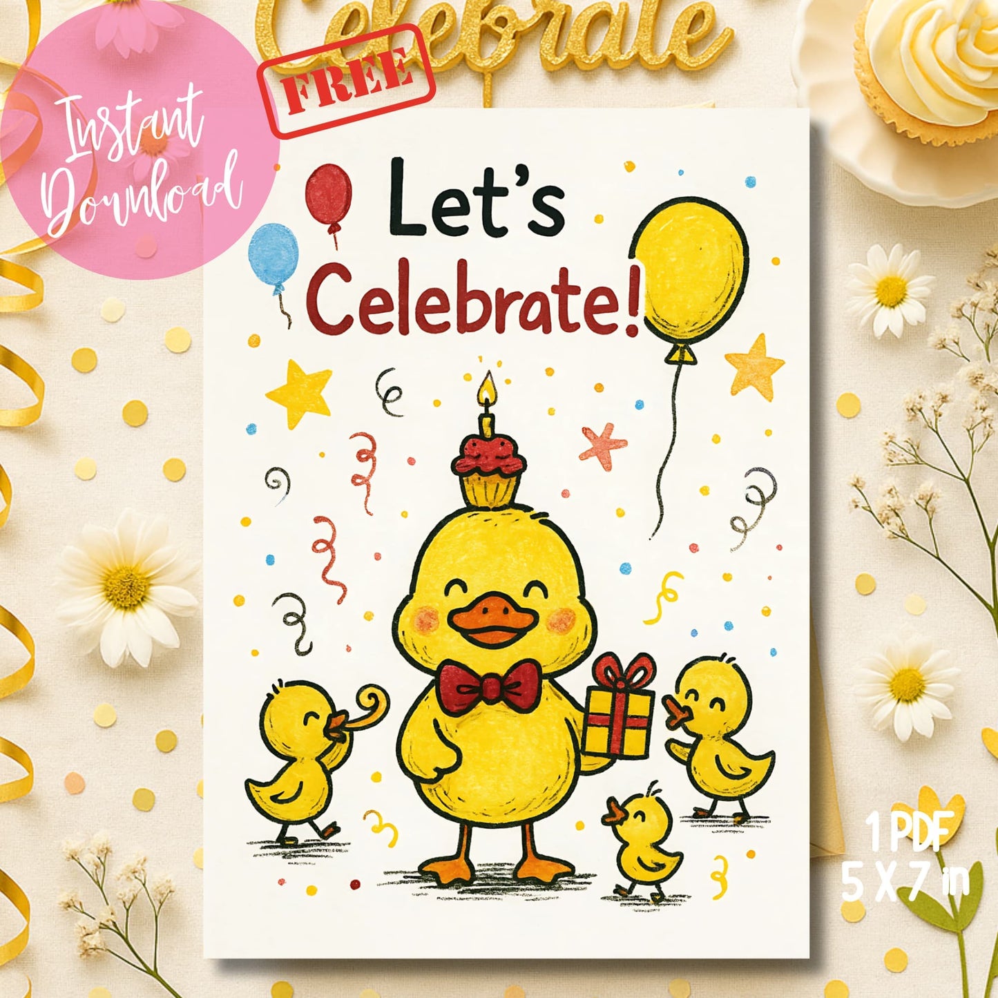 Free duck family birthday card printable with cupcake displayed with white daisies and celebrate banner