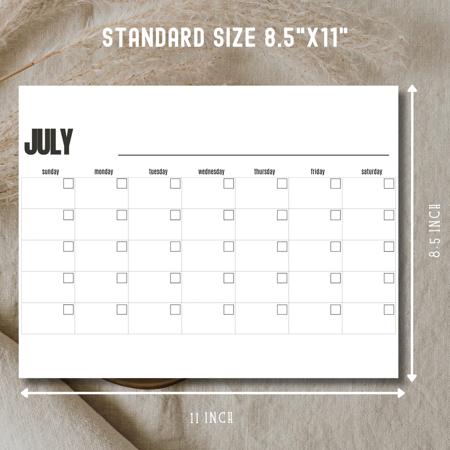 Free July calendar template showing standard 8.5x11 inch dimensions for horizontal monthly planning