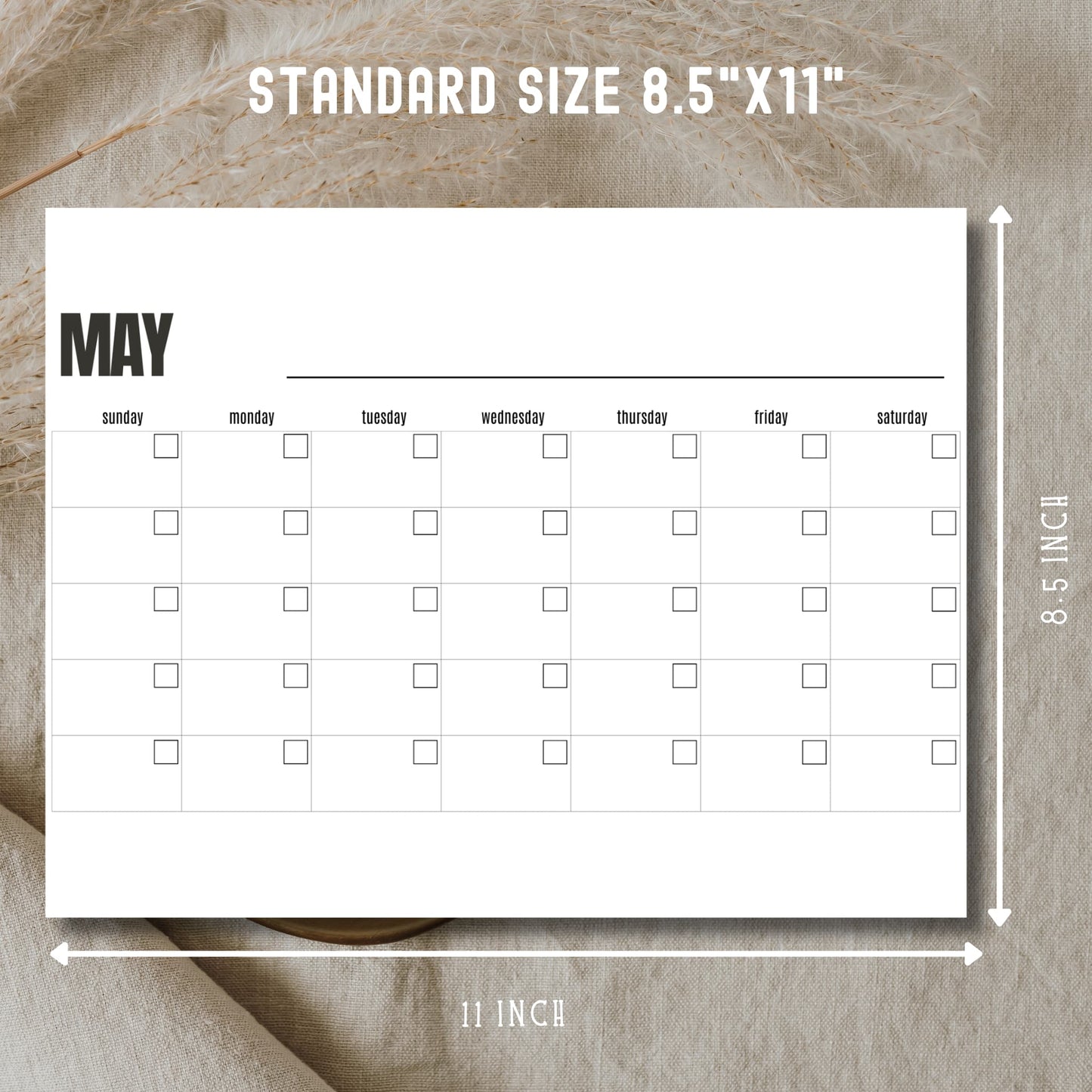 Free May calendar template showing standard 8.5x11 inch dimensions for monthly planning