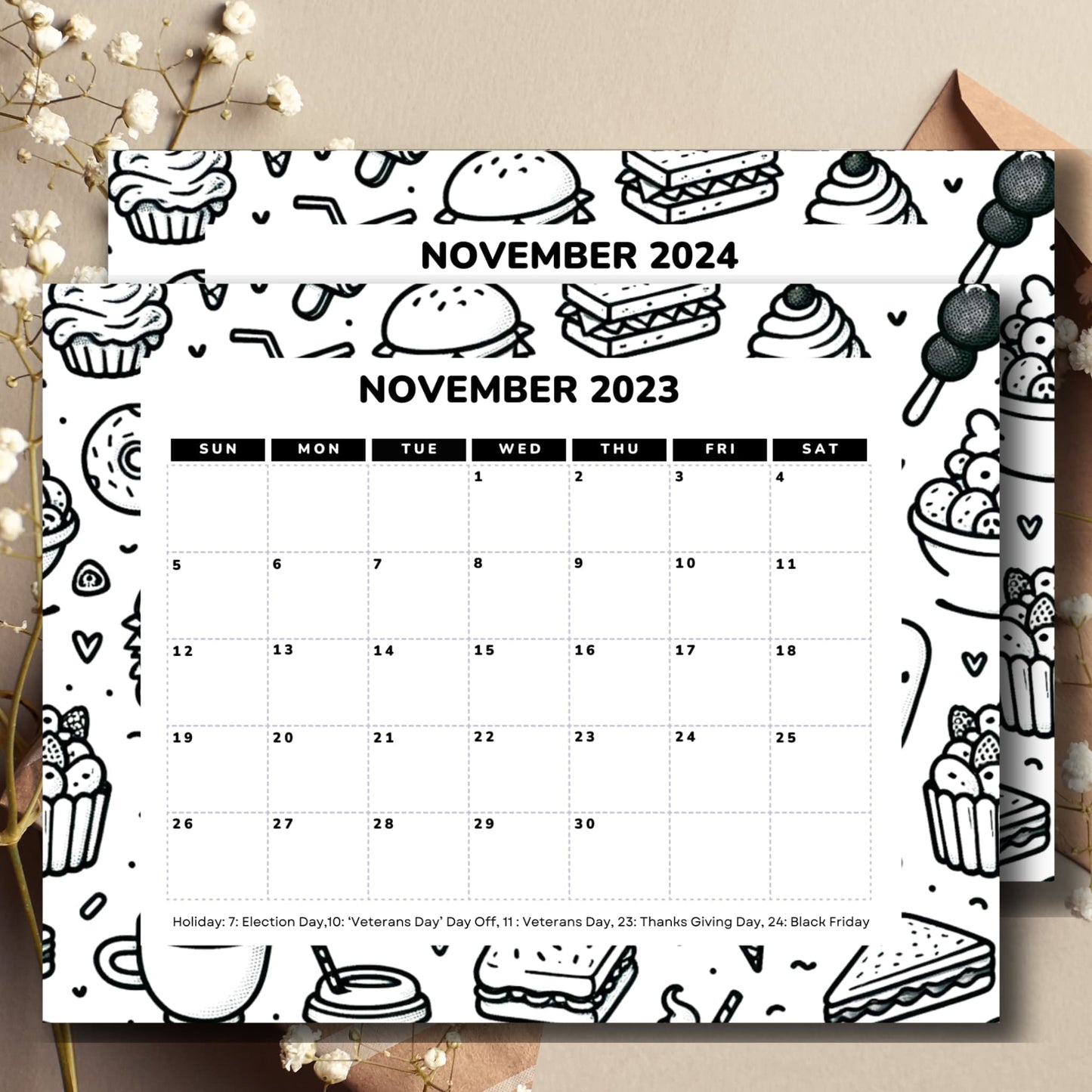 Free November 2023 & 2024 Printable Calendar with Holiday - 11 x 8.5-inch A4, PDF | One-Page Monthly Layoul | Food themed Ideal for Classroom, Home, Office | Instant Download
