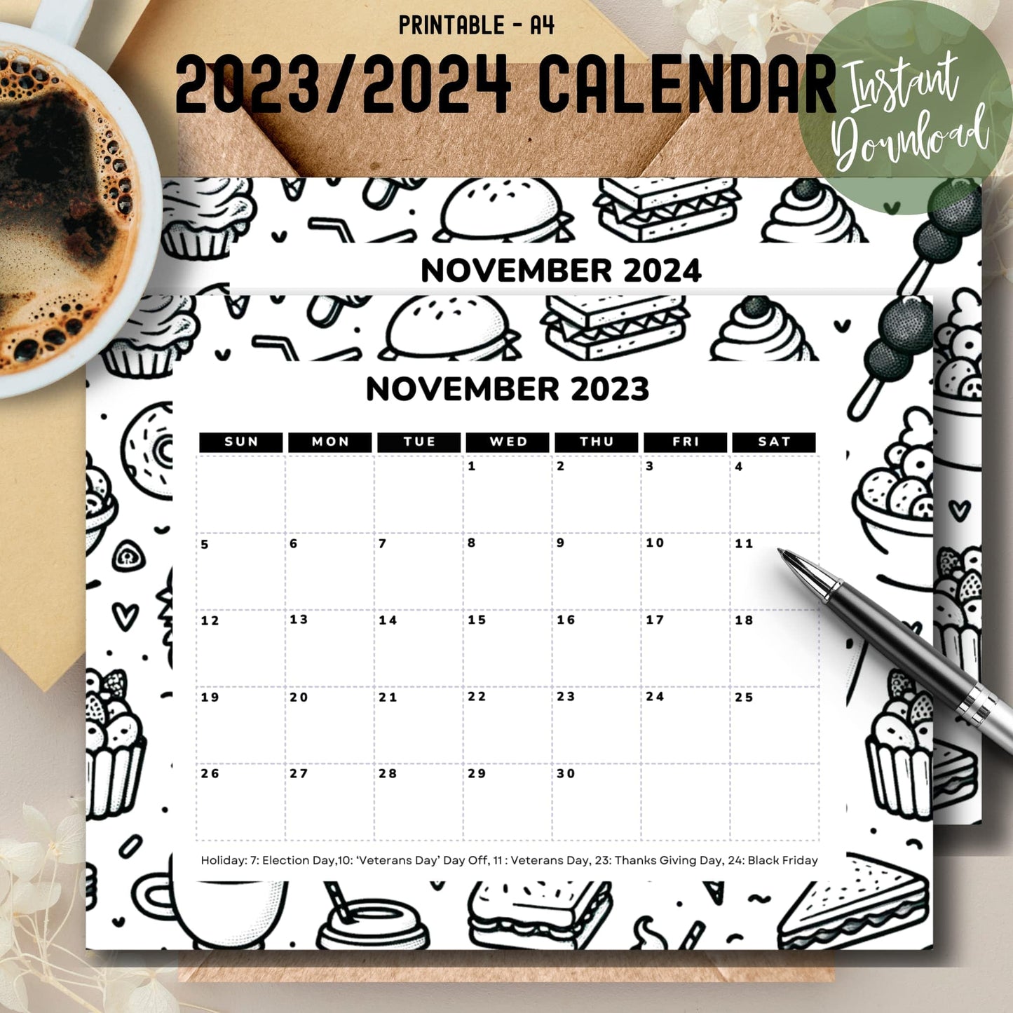 Free November 2023 & 2024 Printable Calendar with Holiday - 11 x 8.5-inch A4, PDF | One-Page Monthly Layoul | Food themed Ideal for Classroom, Home, Office | Instant Download