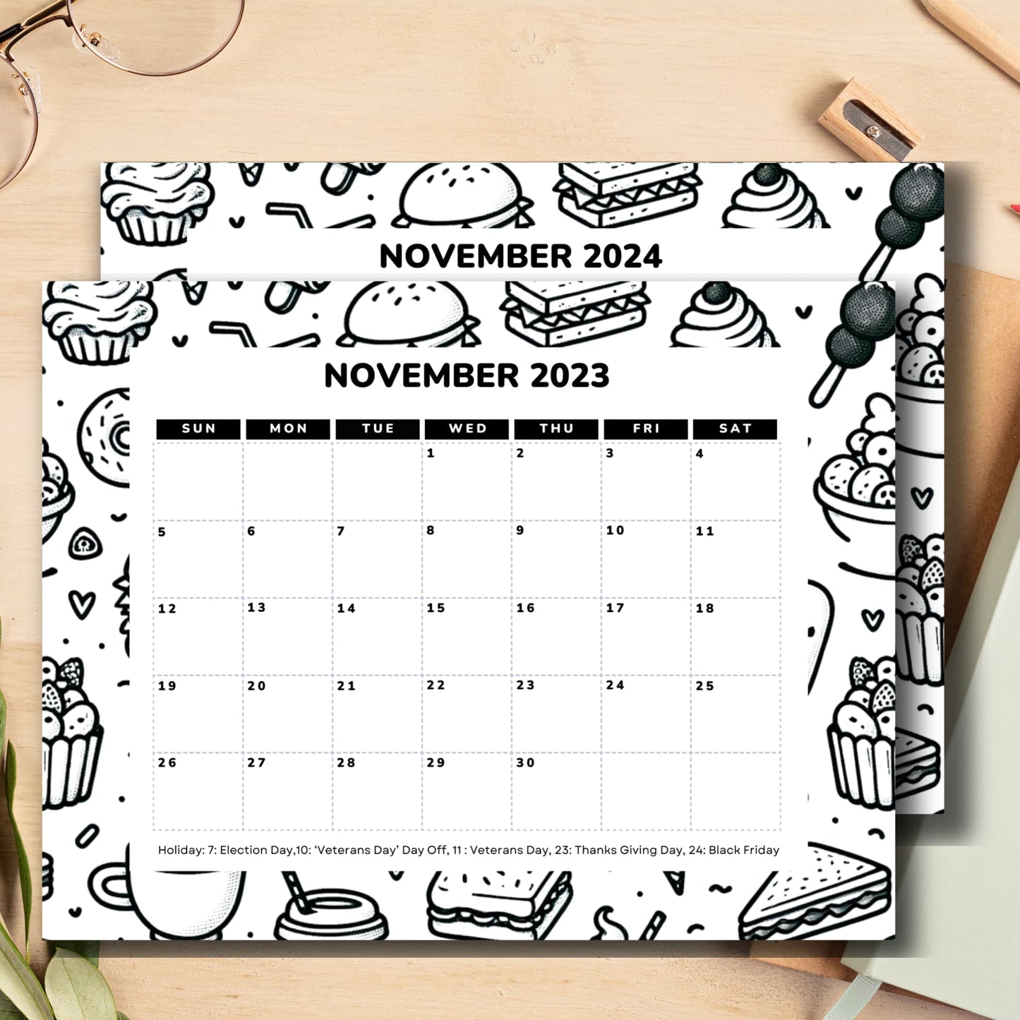 Free November 2023 & 2024 Printable Calendar with Holiday - 11 x 8.5-inch A4, PDF | One-Page Monthly Layoul | Food themed Ideal for Classroom, Home, Office | Instant Download