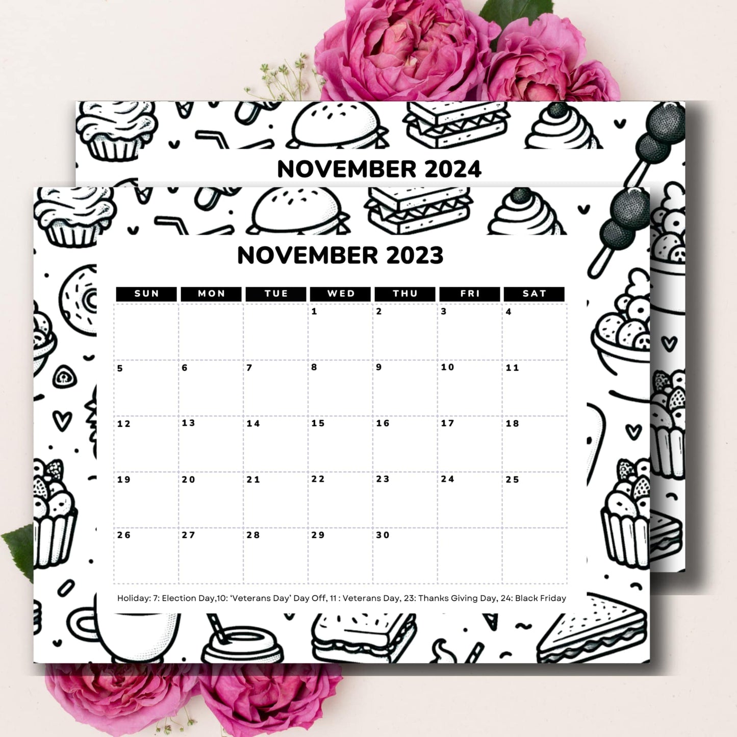 Free November 2023 & 2024 Printable Calendar with Holiday - 11 x 8.5-inch A4, PDF | One-Page Monthly Layoul | Food themed Ideal for Classroom, Home, Office | Instant Download