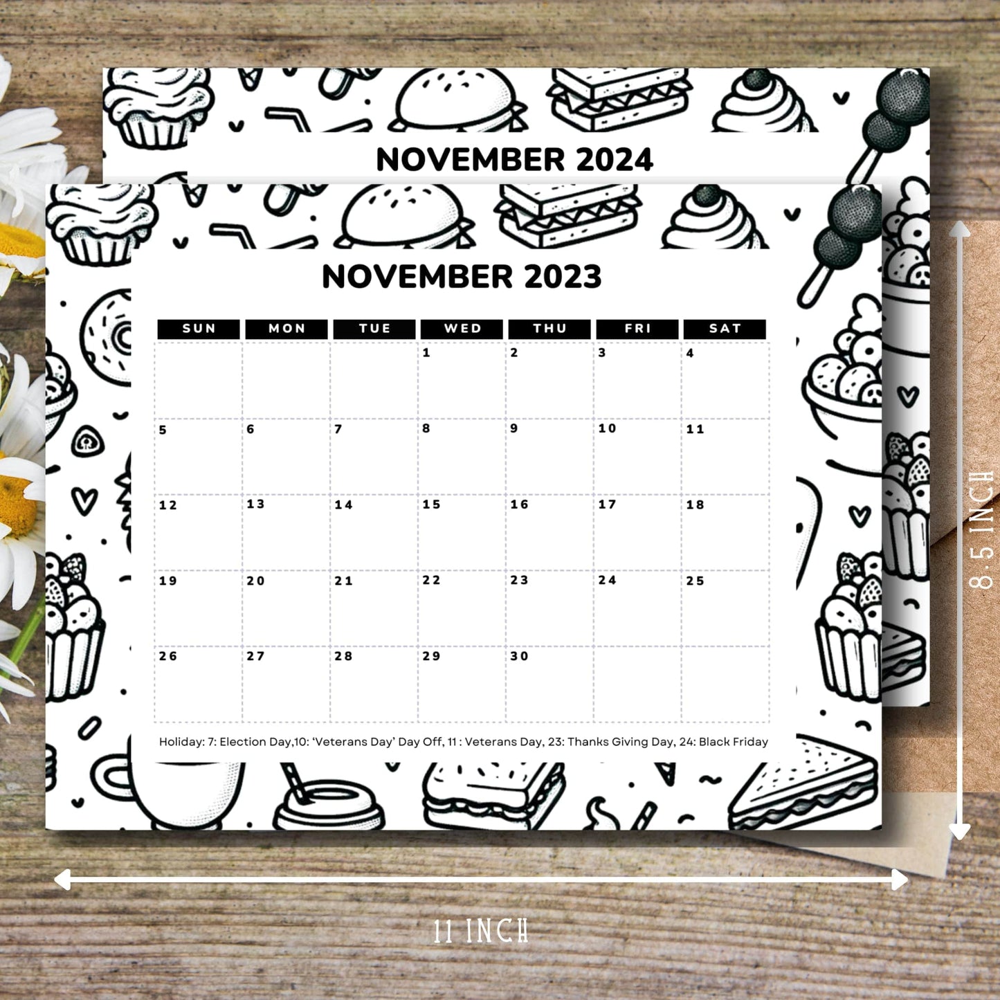 Free November 2023 & 2024 Printable Calendar with Holiday - 11 x 8.5-inch A4, PDF | One-Page Monthly Layoul | Food themed Ideal for Classroom, Home, Office | Instant Download