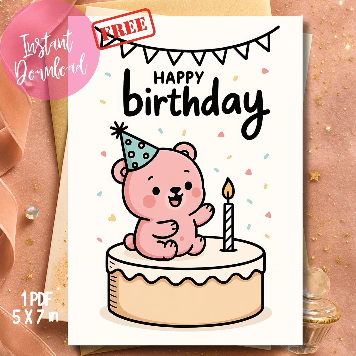 Free pink teddy cake topper card printable with bunting banner on sparkly gold background