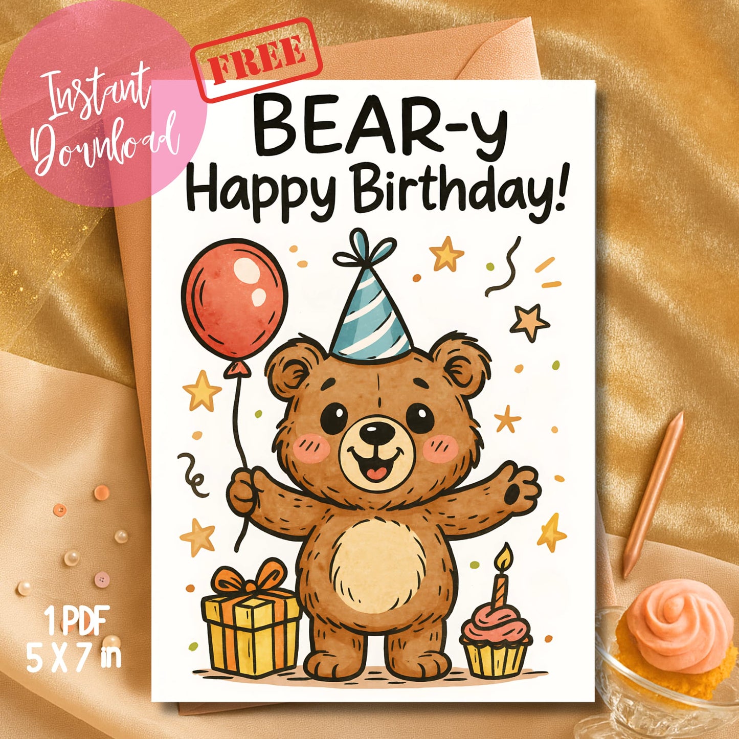 Free printable teddy bear birthday card with gift and cupcake on shimmery gold background