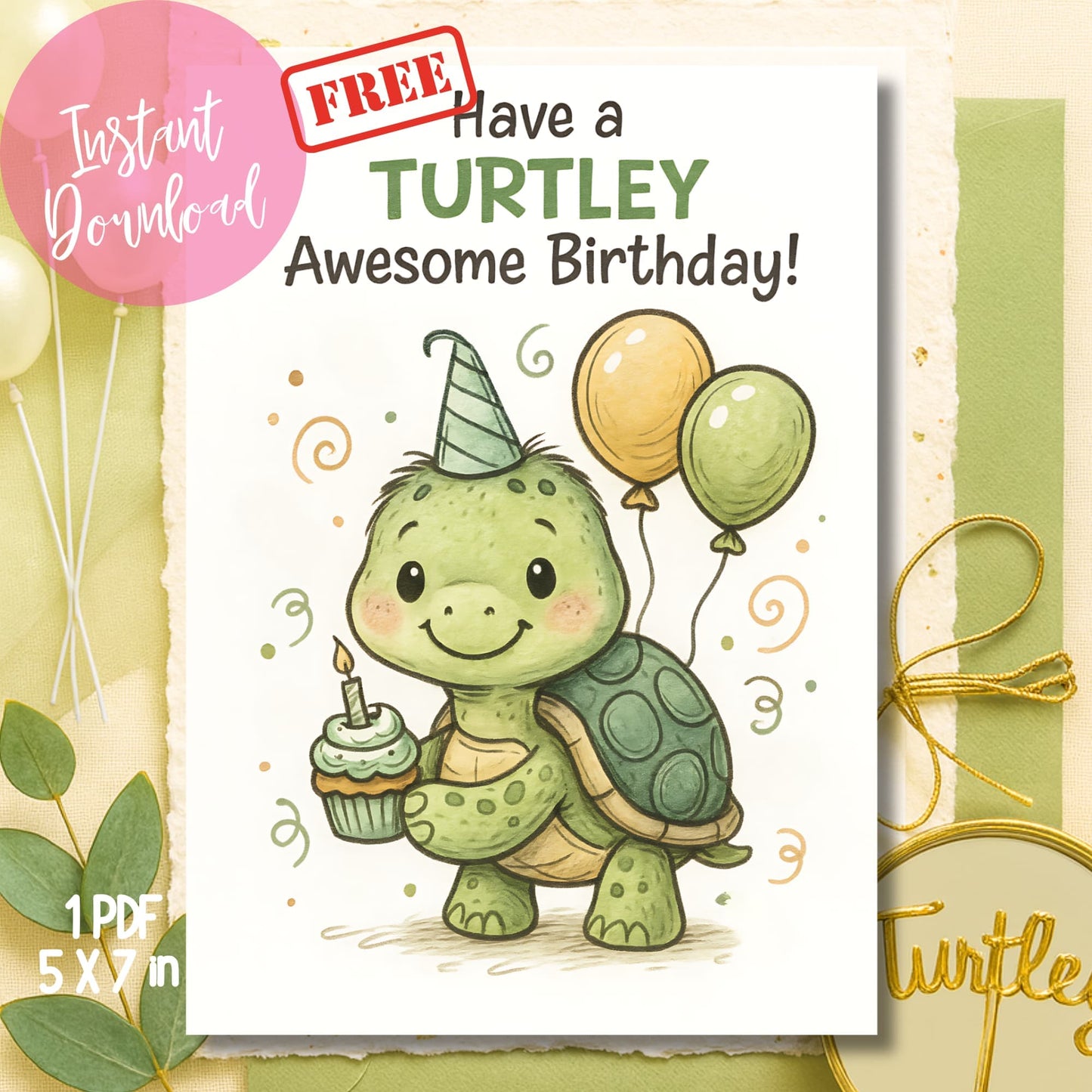 Free printable turtle birthday card digital download with party hat displayed with green ribbon and leaves