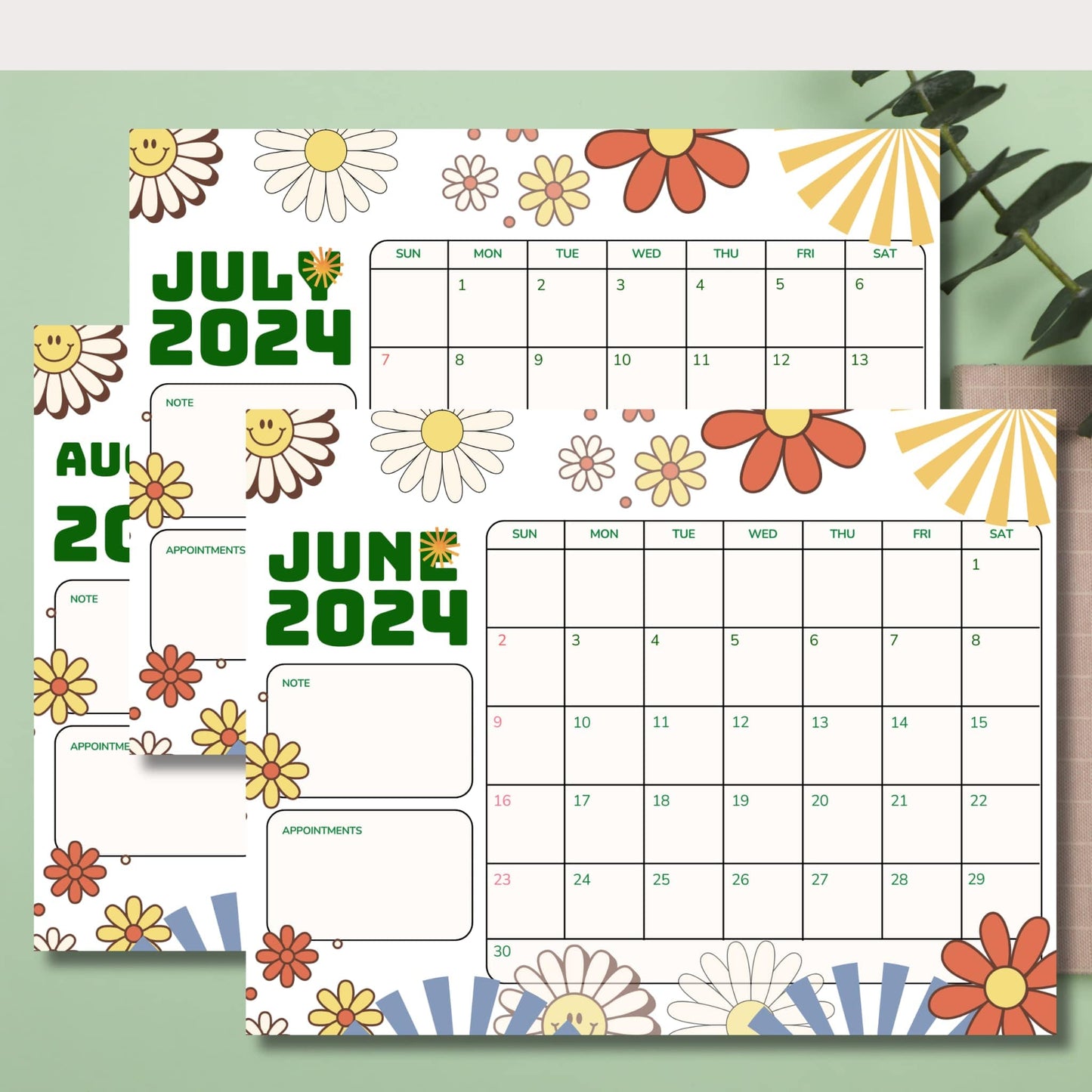 retro theme june july august 2024 monthly calendar pdfs with green background