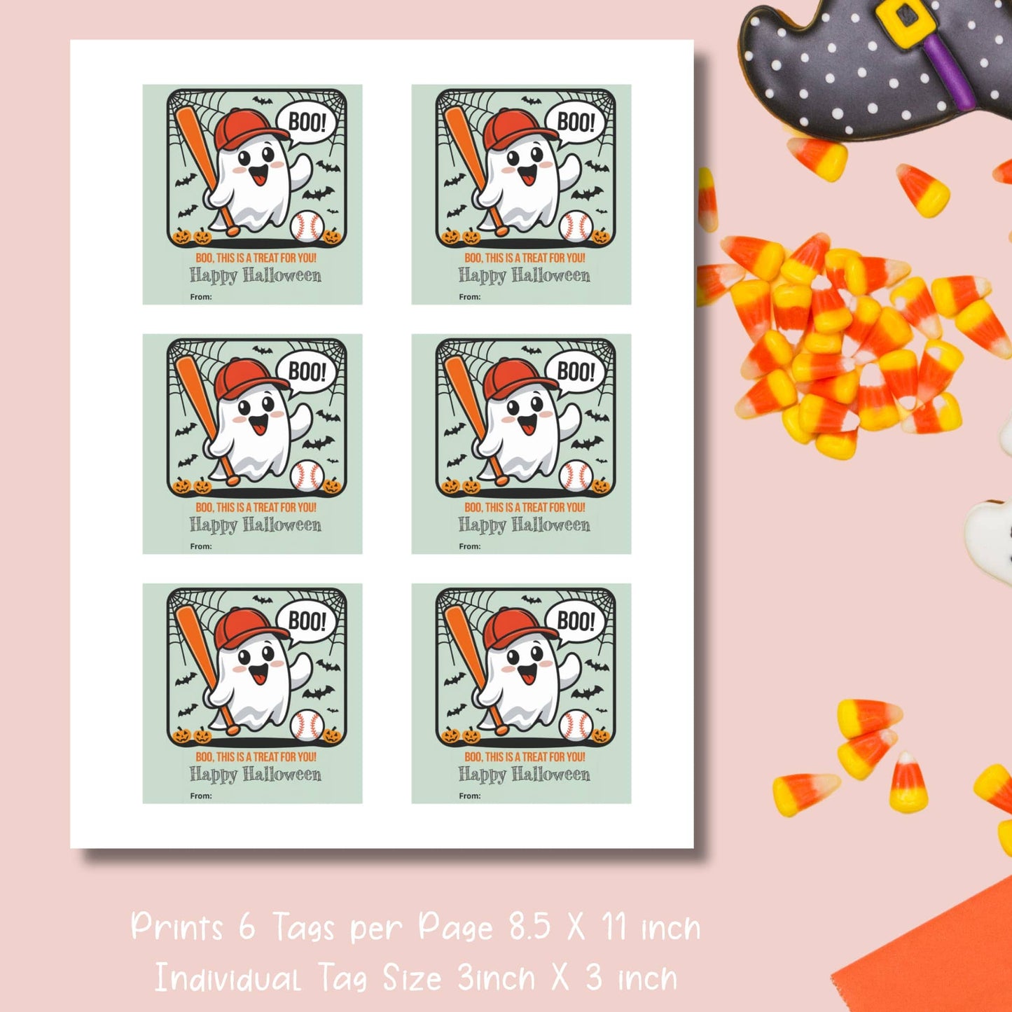 Printable sheet of green Halloween favor tags featuring cute baseball ghost, 6 tags per 8.5x11 inch page for trick-or-treat parties