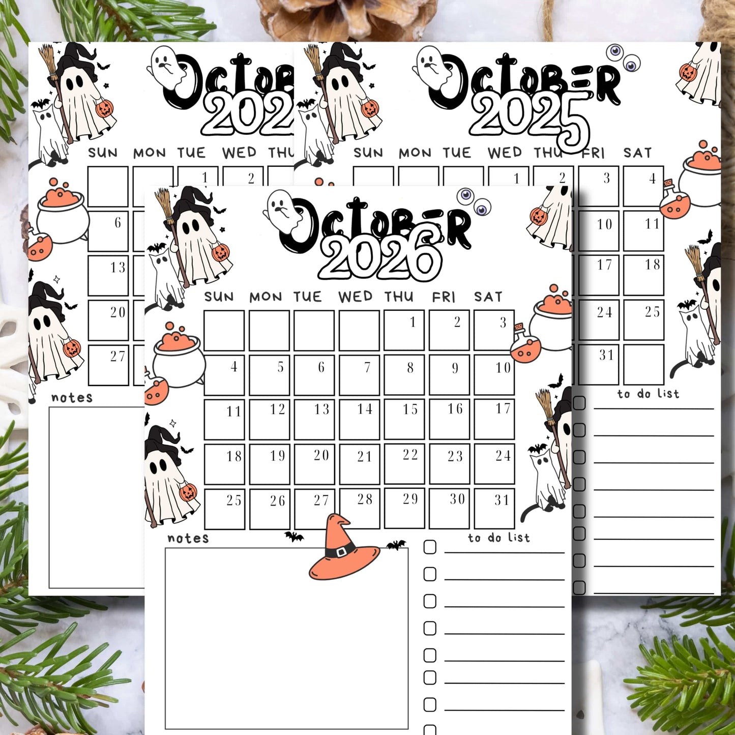 Three-year October calendar preview for 2024-2026 featuring cute black and white Halloween ghosts, witch hats, and cauldrons, with orange accents, displayed with pinecones and foliage, highlighting the vertical 11 x 8.5-inch A4 layout for students and teachers.