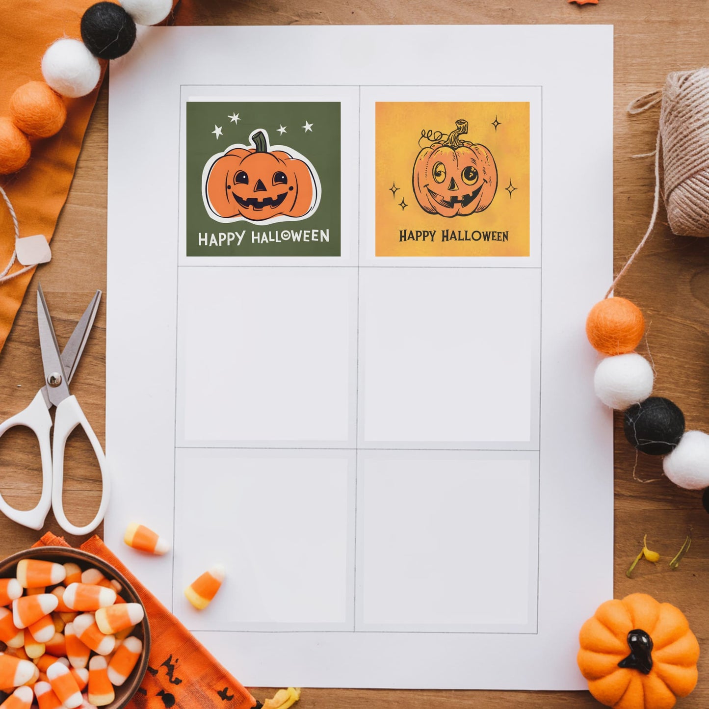 Halloween party favor tags with jack-o'-lantern designs in earth tones, displayed with candy corn and crafting supplies.