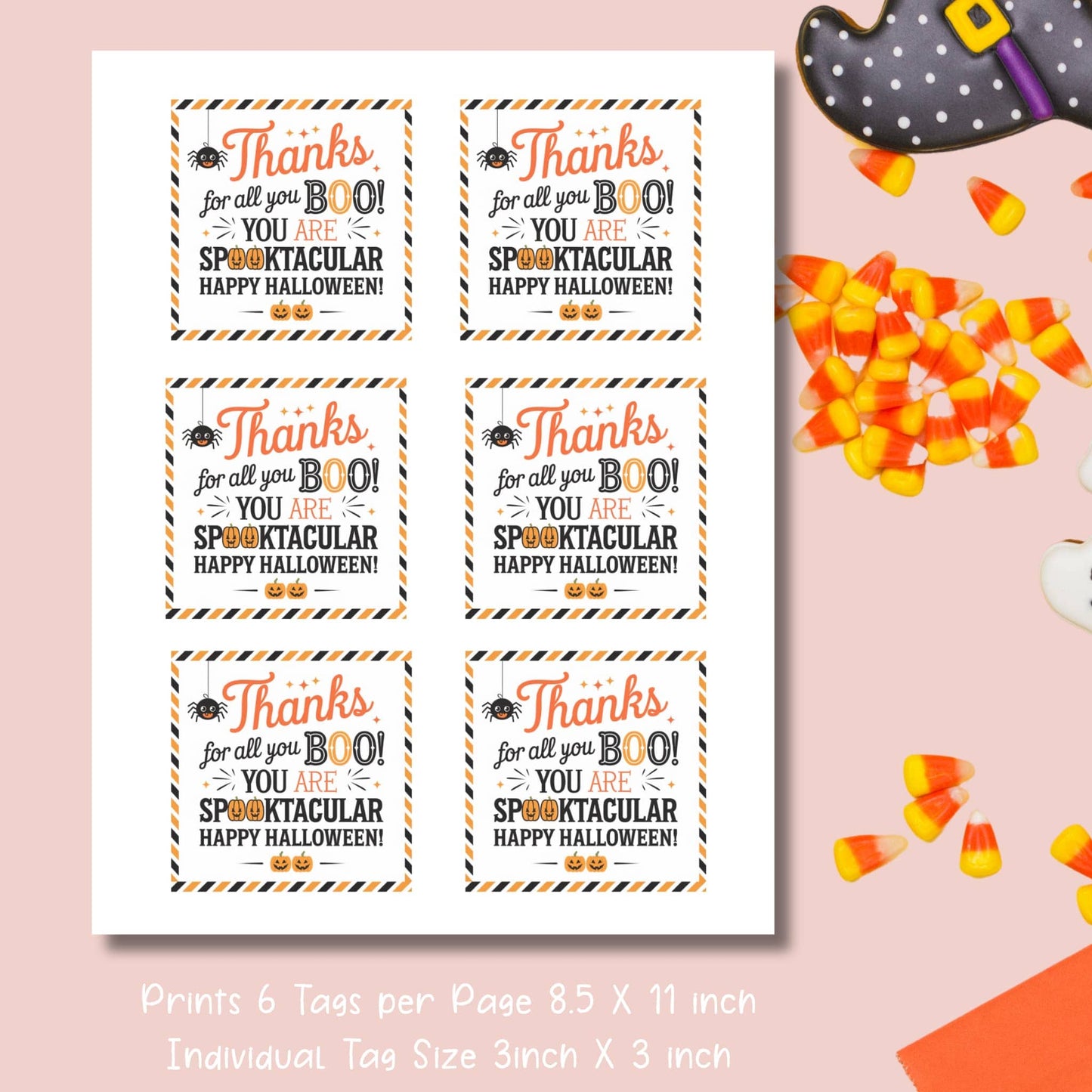 Printable layout of 6 Halloween thank you tags per 8.5x11 inch page, each tag 3x3 inches, featuring orange and black design with jack-o'-lanterns, shown with candy corn and witch hat decorations.