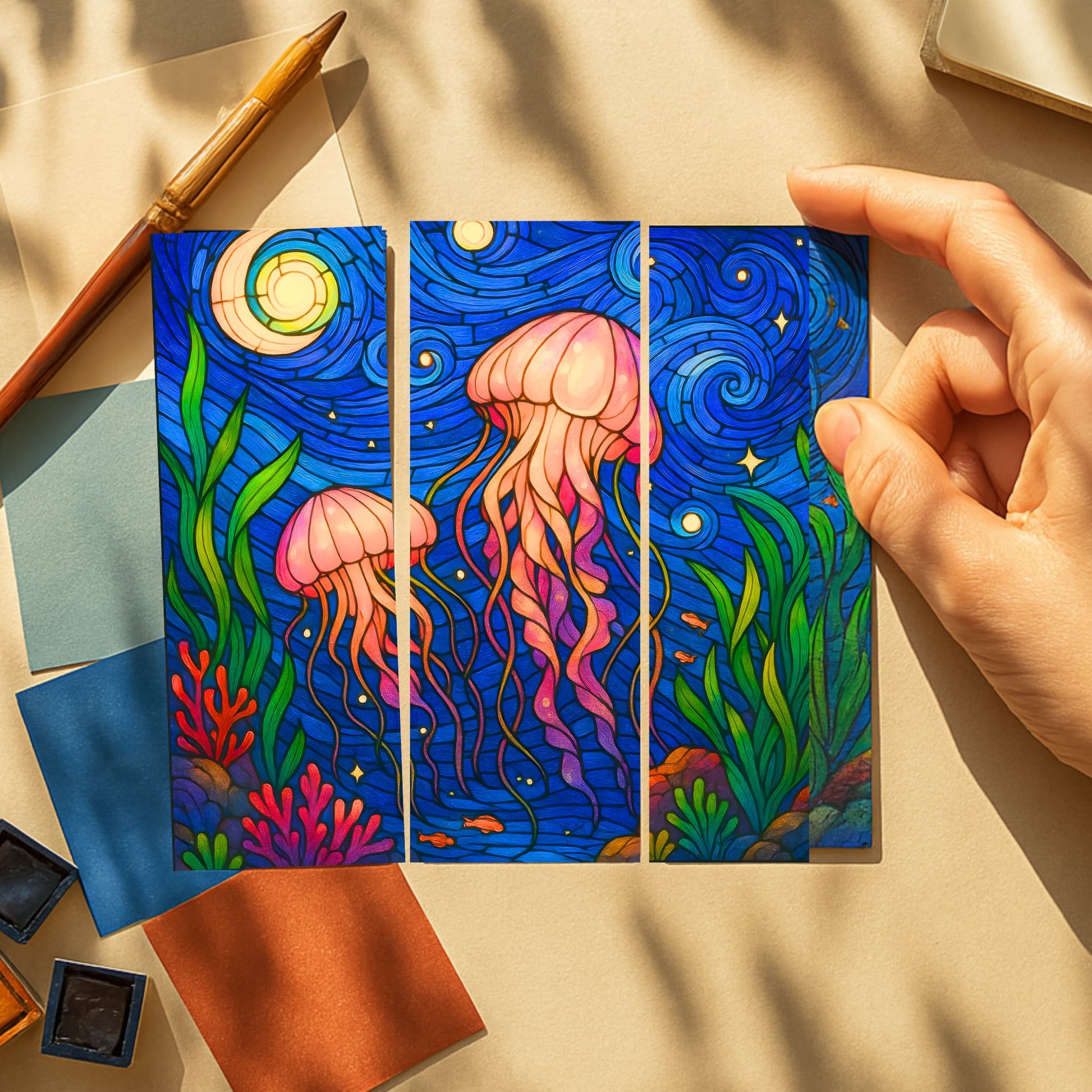 Hand displaying three printable jellyfish stained glass bookmarks showing vibrant ocean scene details