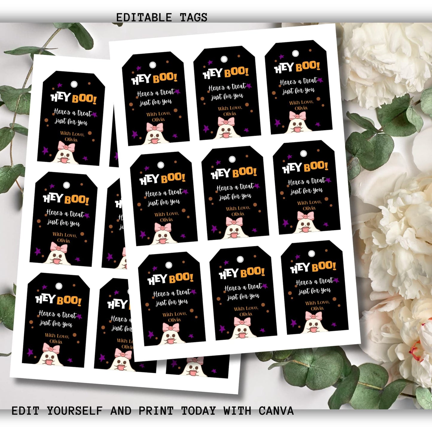 Sheet of "Hey Boo" Halloween printable tags.