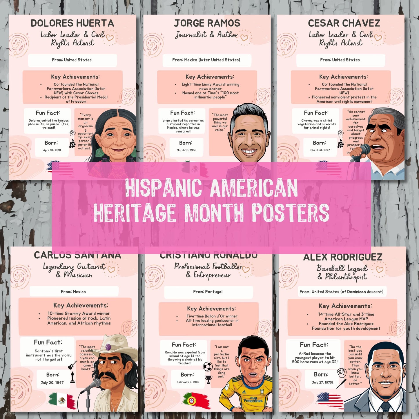 Sample posters for Hispanic American Heritage Month featuring Dolores Huerta, Jorge Ramos, Cesar Chavez, Carlos Santana, Cristiano Ronaldo, and Alex Rodriguez