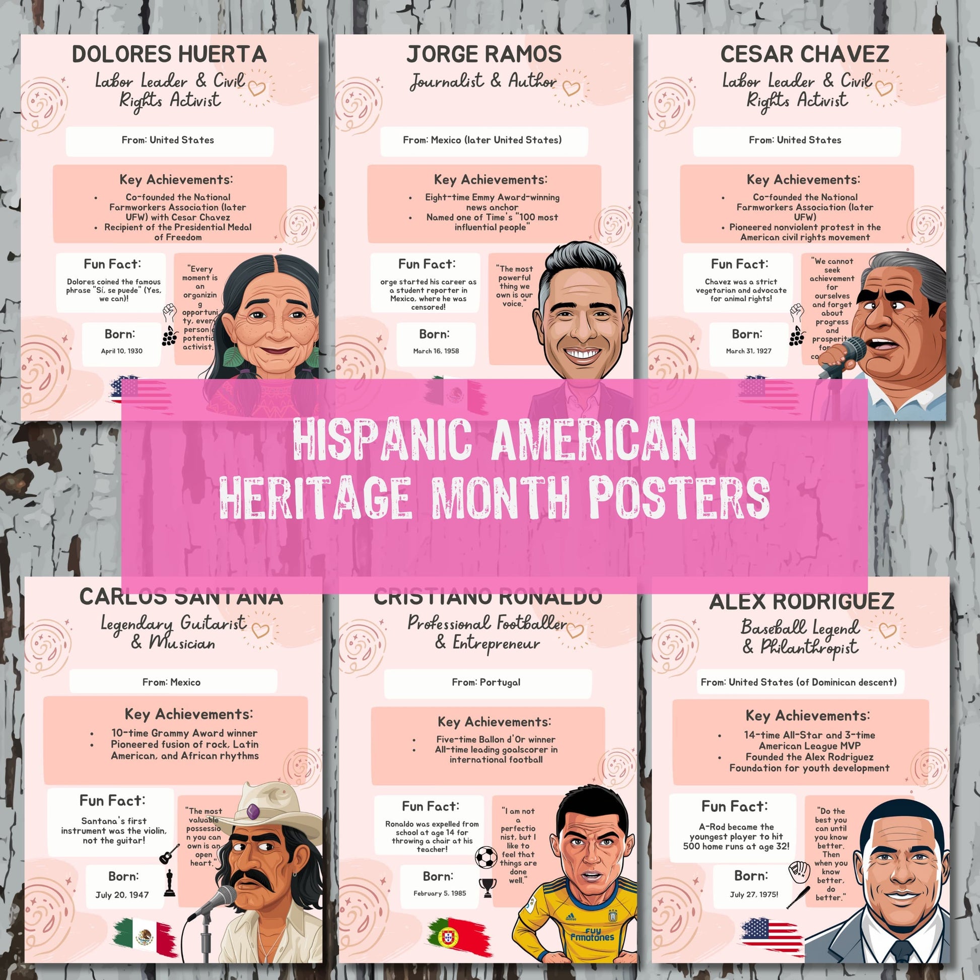 Sample posters for Hispanic American Heritage Month featuring Dolores Huerta, Jorge Ramos, Cesar Chavez, Carlos Santana, Cristiano Ronaldo, and Alex Rodriguez