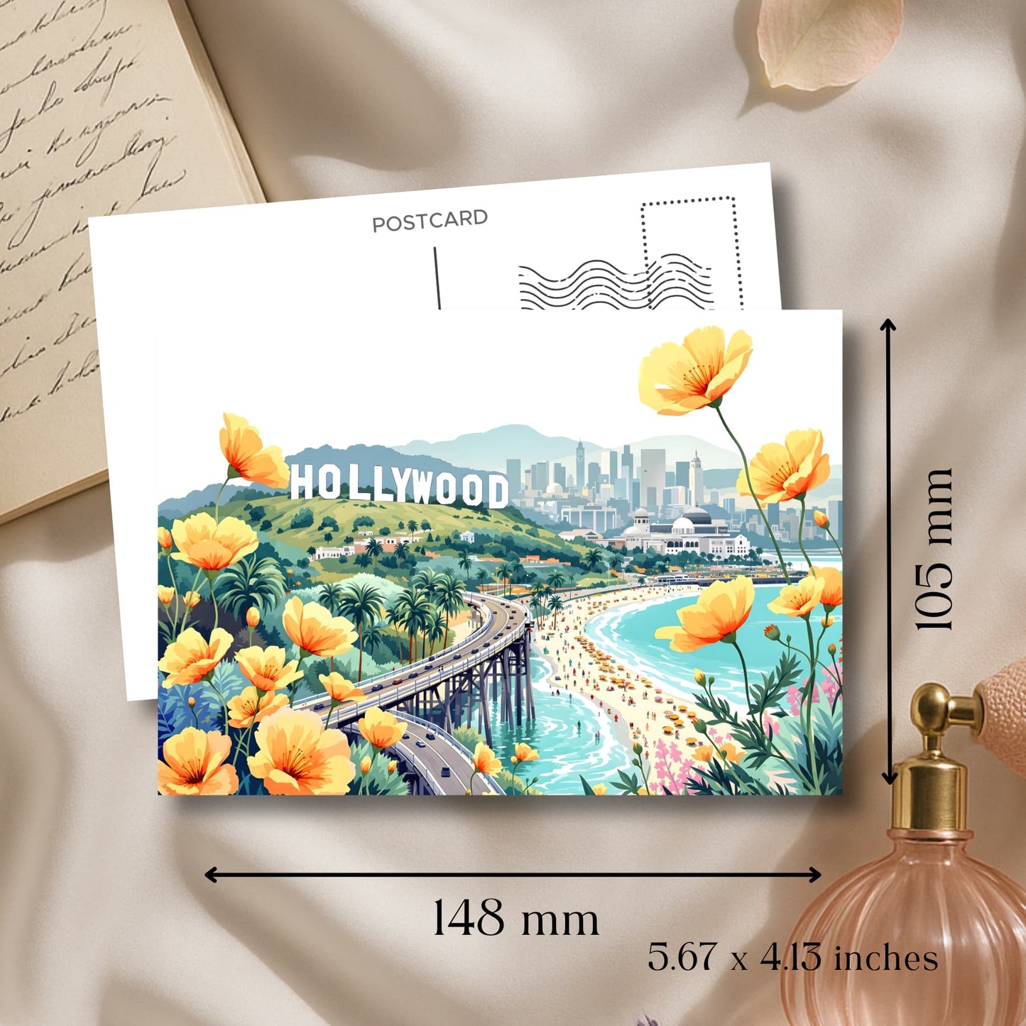 Hollywood postcard art print showing 5.7x4.1 inch dimensions with California poppies and cityscape view