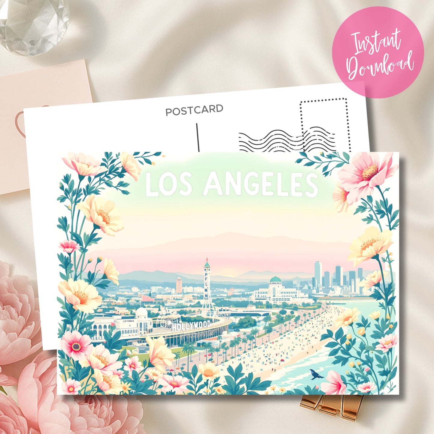 Instant download Los Angeles desk art featuring Hollywood beach scene framed by pink wildflowers.