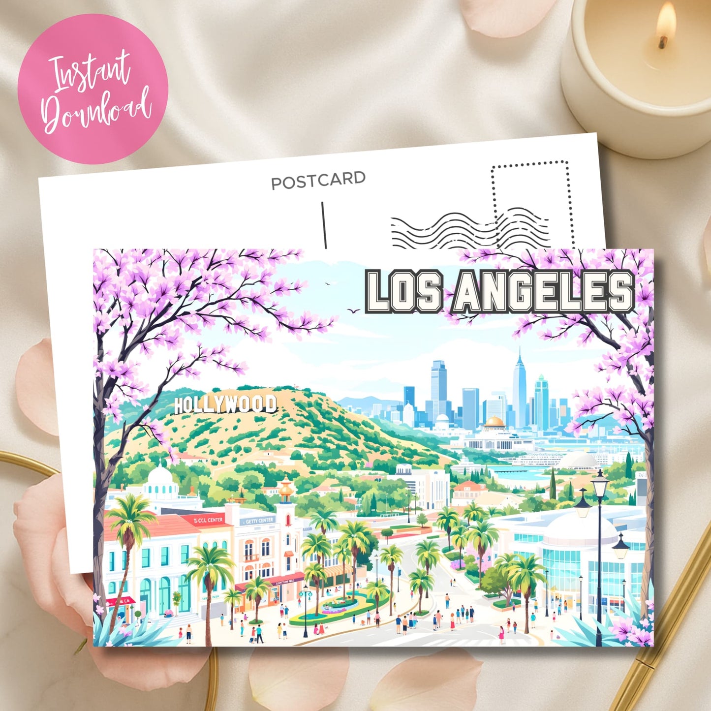 Instant download Los Angeles desk art featuring downtown skyline framed by purple jacaranda blossoms