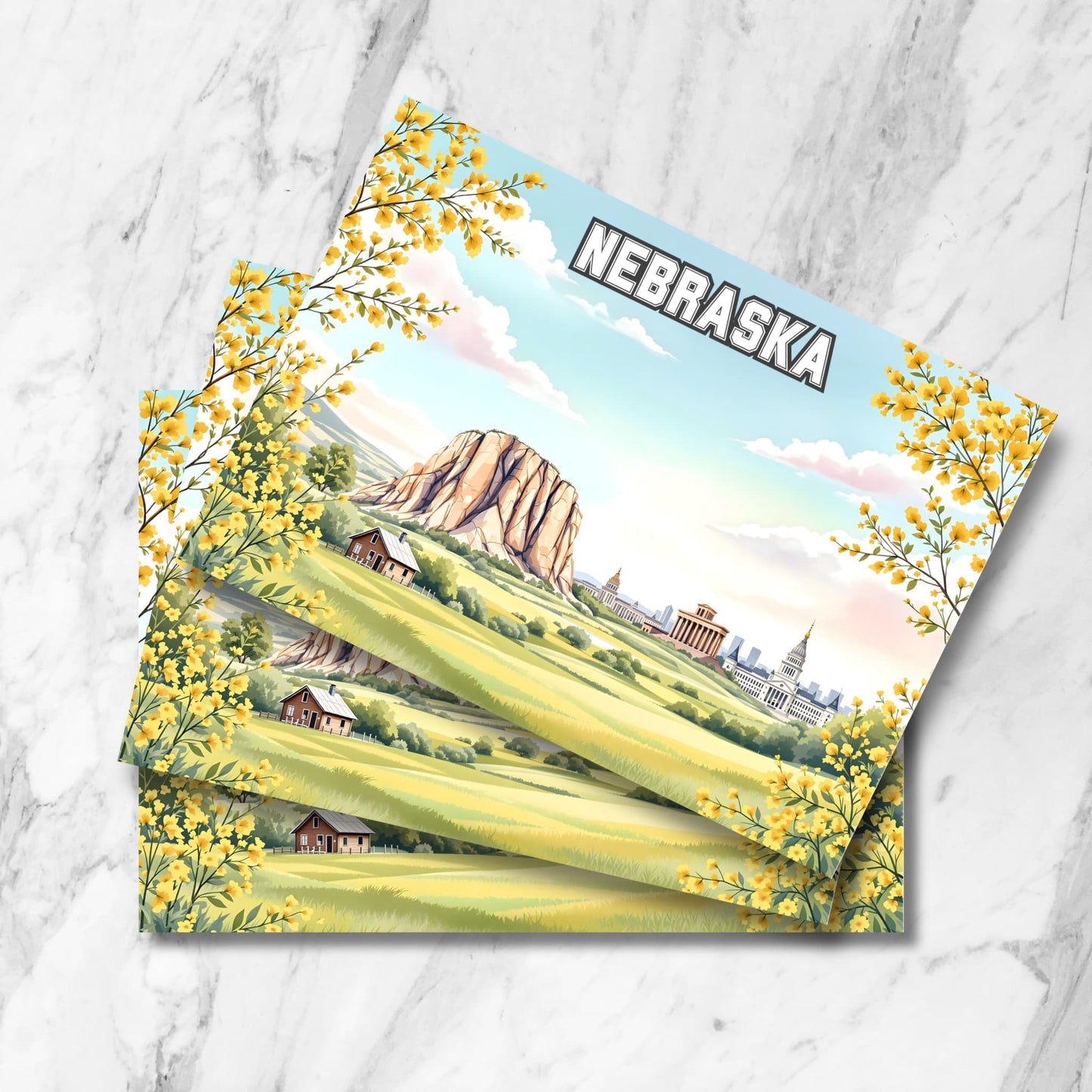 Digital Nebraska postcard art with bold text, yellow blossoms, prairie view, and civic skyline shown on satin background with Instant Download label.