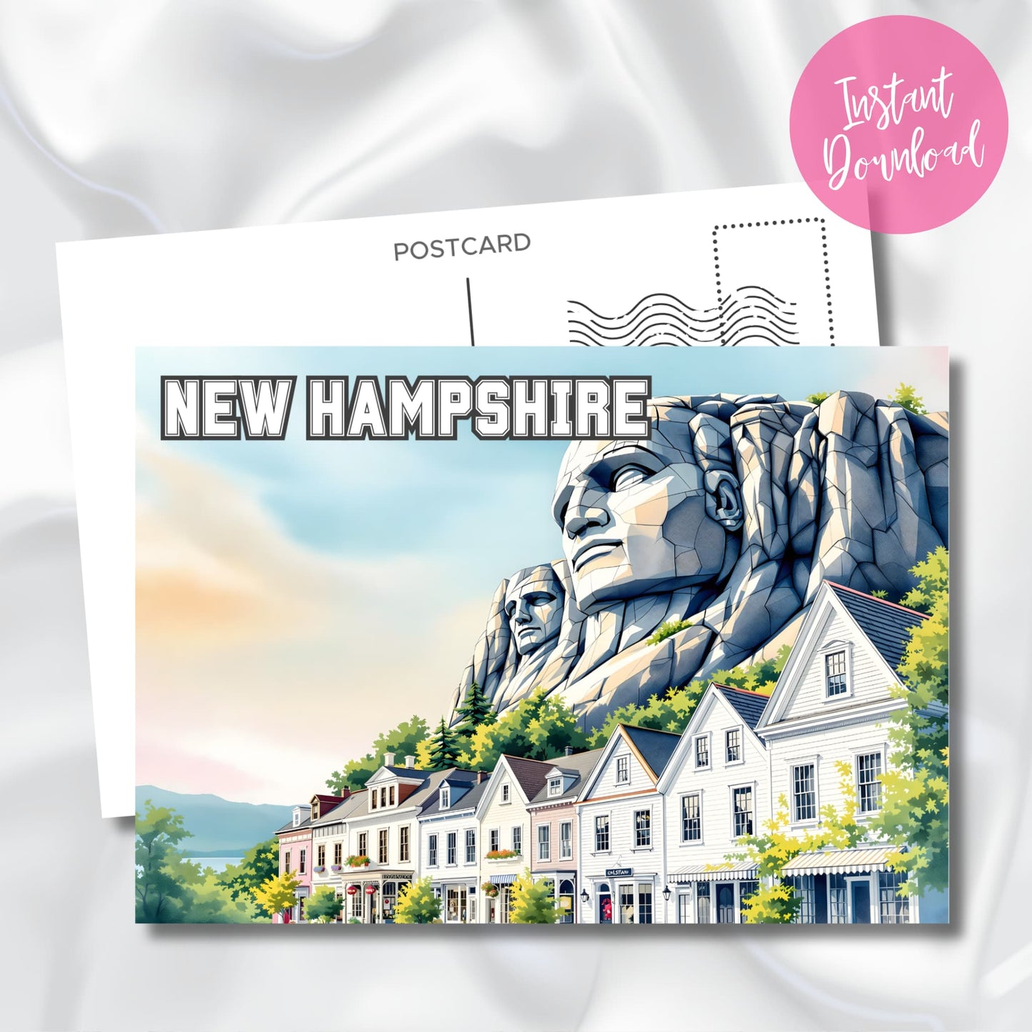 Printable digital postcard of New Hampshire featuring historic downtown buildings and large granite face carvings under soft sky.