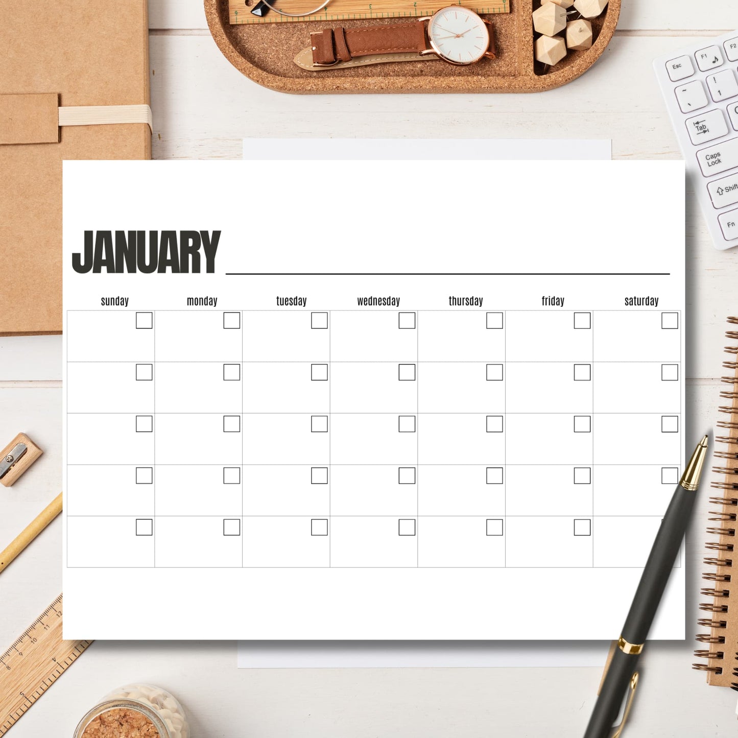 January calendar template printable on white office desk with keyboard, cork organizer tray, and gold pen