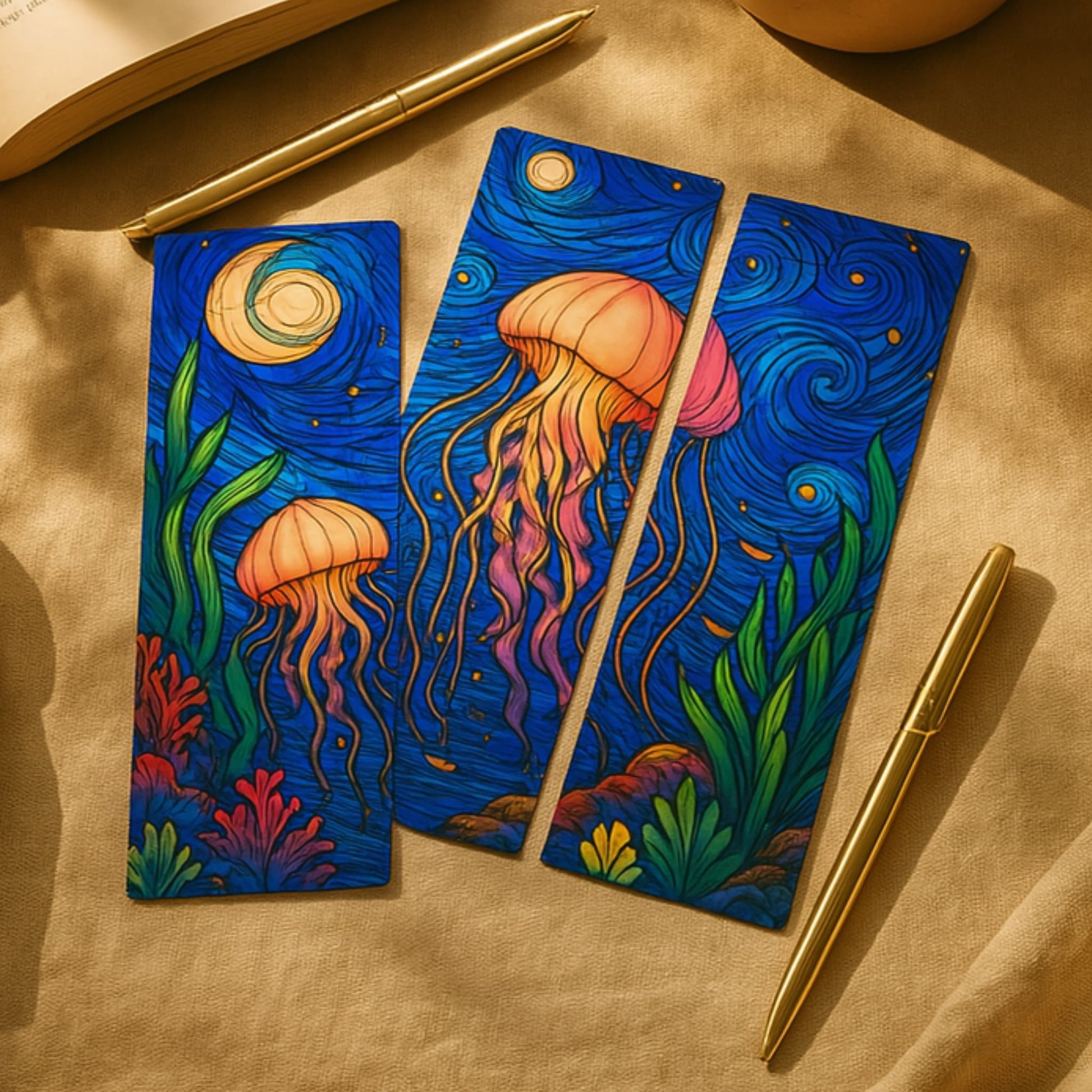 Pink jellyfish stained glass bookmarks with flowing tentacles displayed with gold pens on warm desk surface