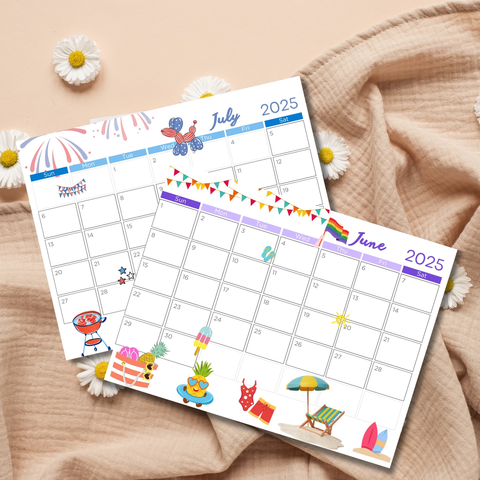 Summer-themed calendar pages for June and July 2025 featuring beach illustrations, BBQ grill, popsicles, and patriotic decorations, styled with daisies and linen