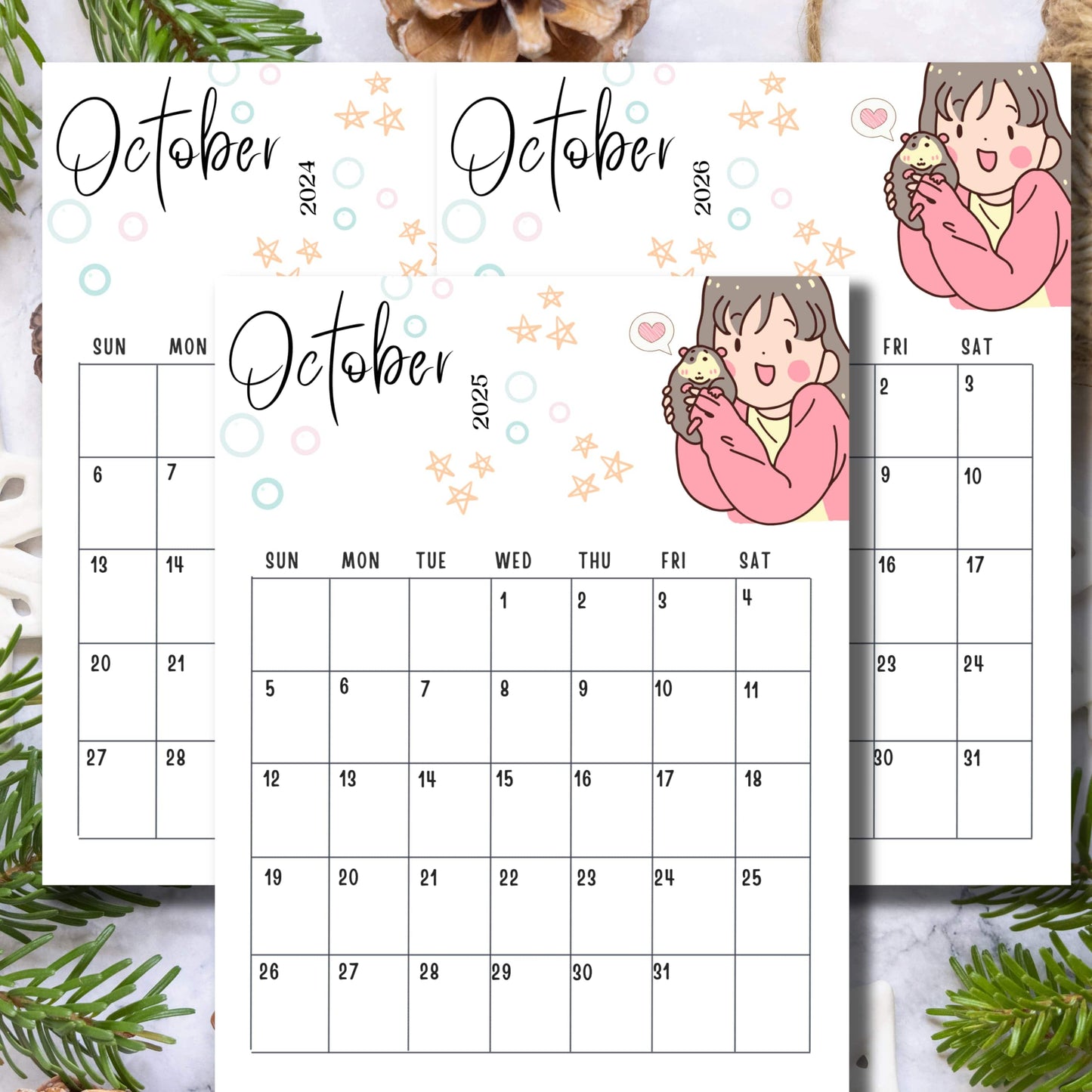 Three-year October calendar preview for 2024-2026 featuring kawaii chibi girl with hedgehog, pastel stars and bubbles design, displayed with pine cones and leaves.