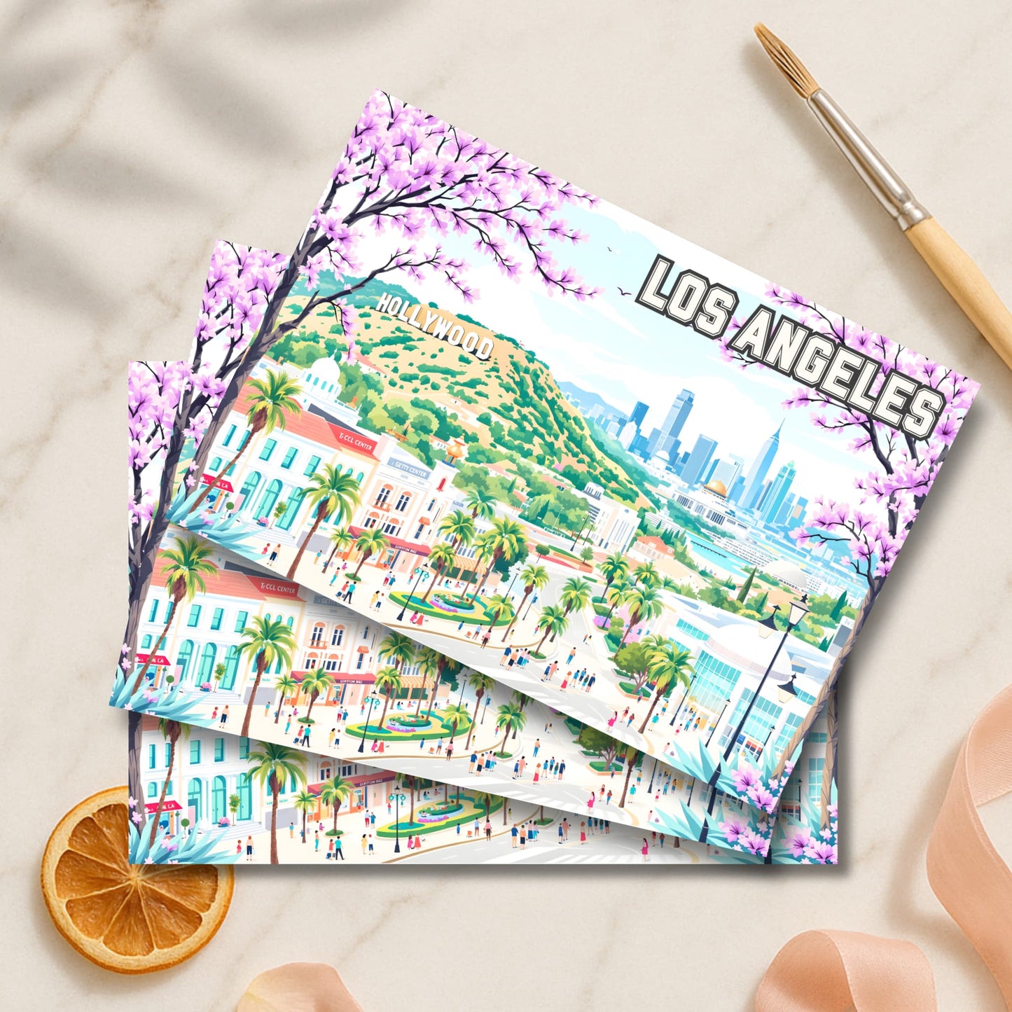 Los Angeles cityscape art prints featuring Hollywood sign, purple jacaranda trees and downtown skyline.