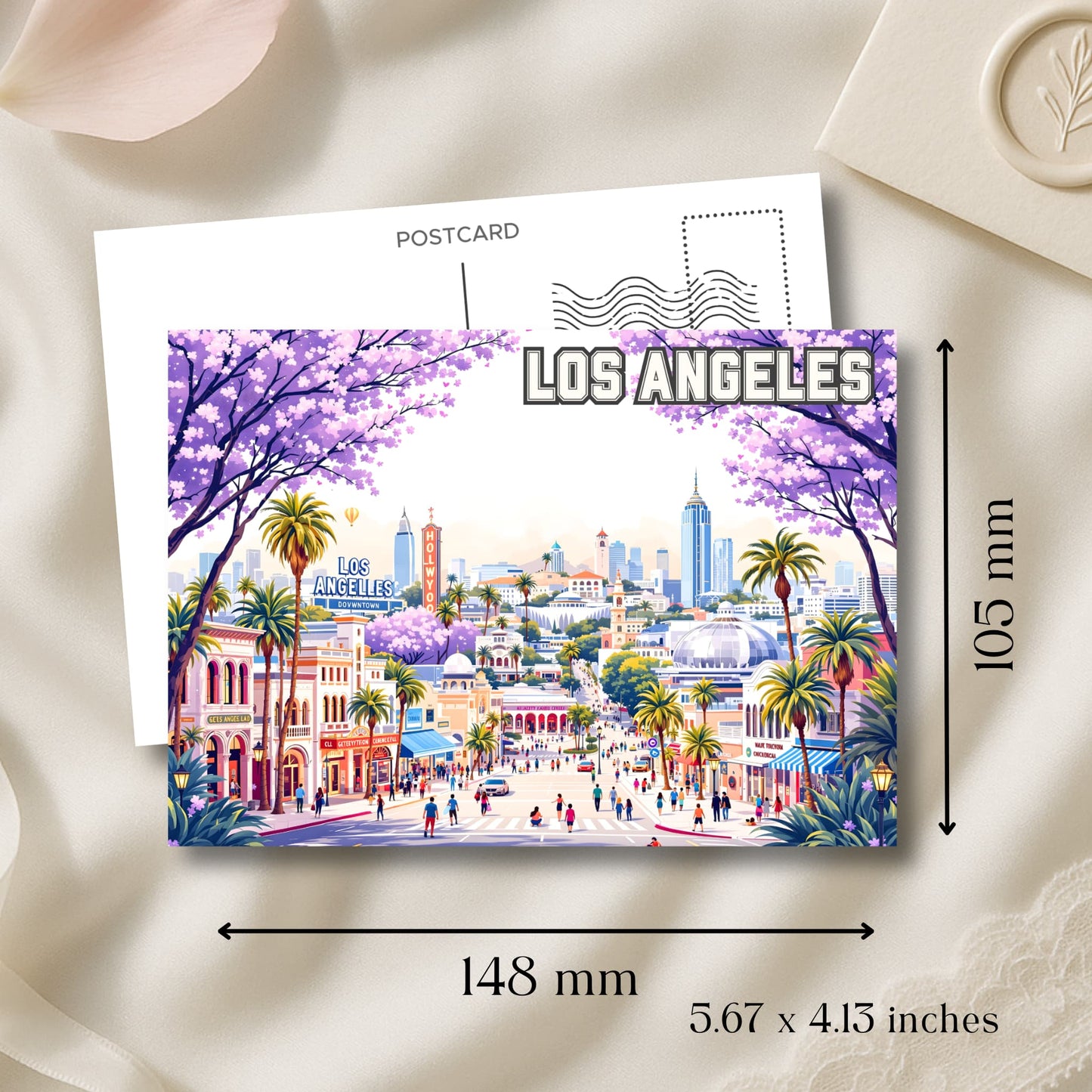 Los Angeles postcard art print showing 5.7x4.1 inch dimensions with California cityscape and palm trees