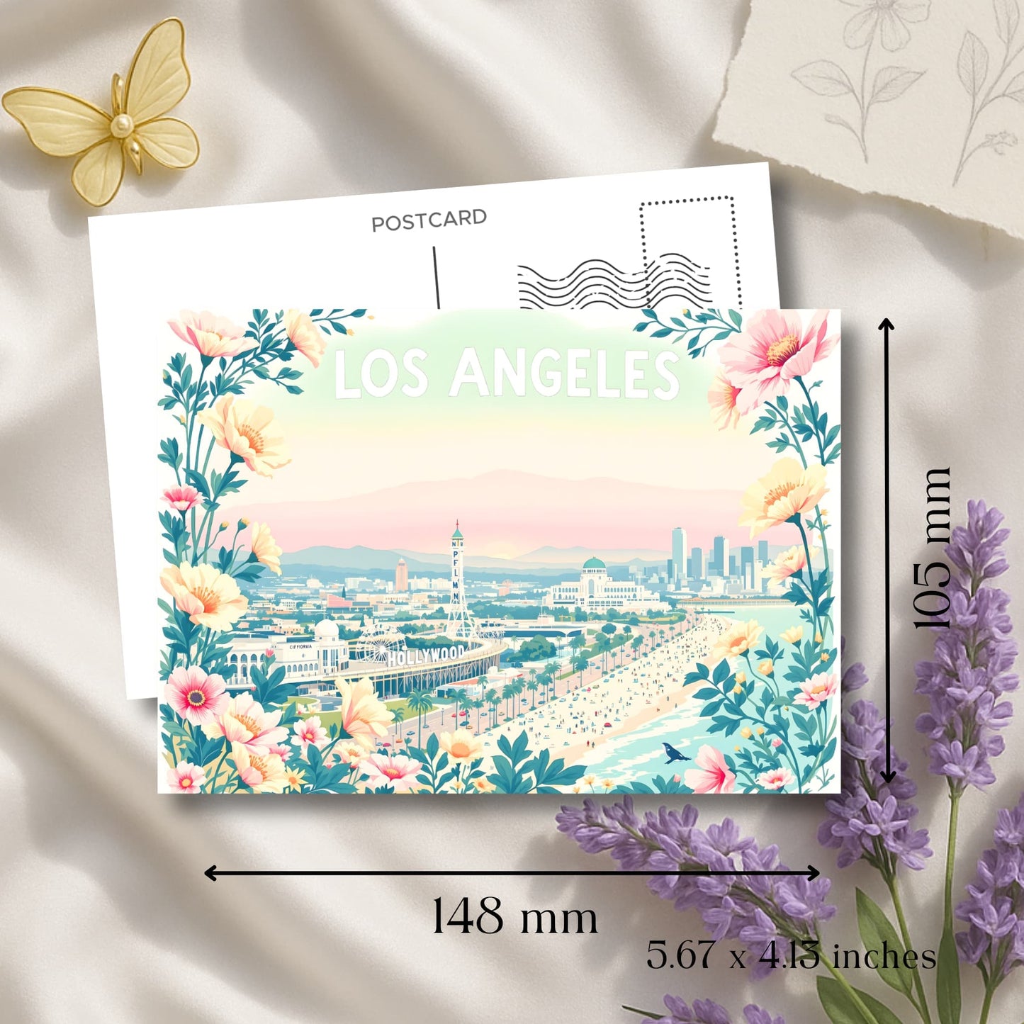 Los Angeles postcard art print showing 5.7x4.1 inch dimensions with floral frame and cityscape view.