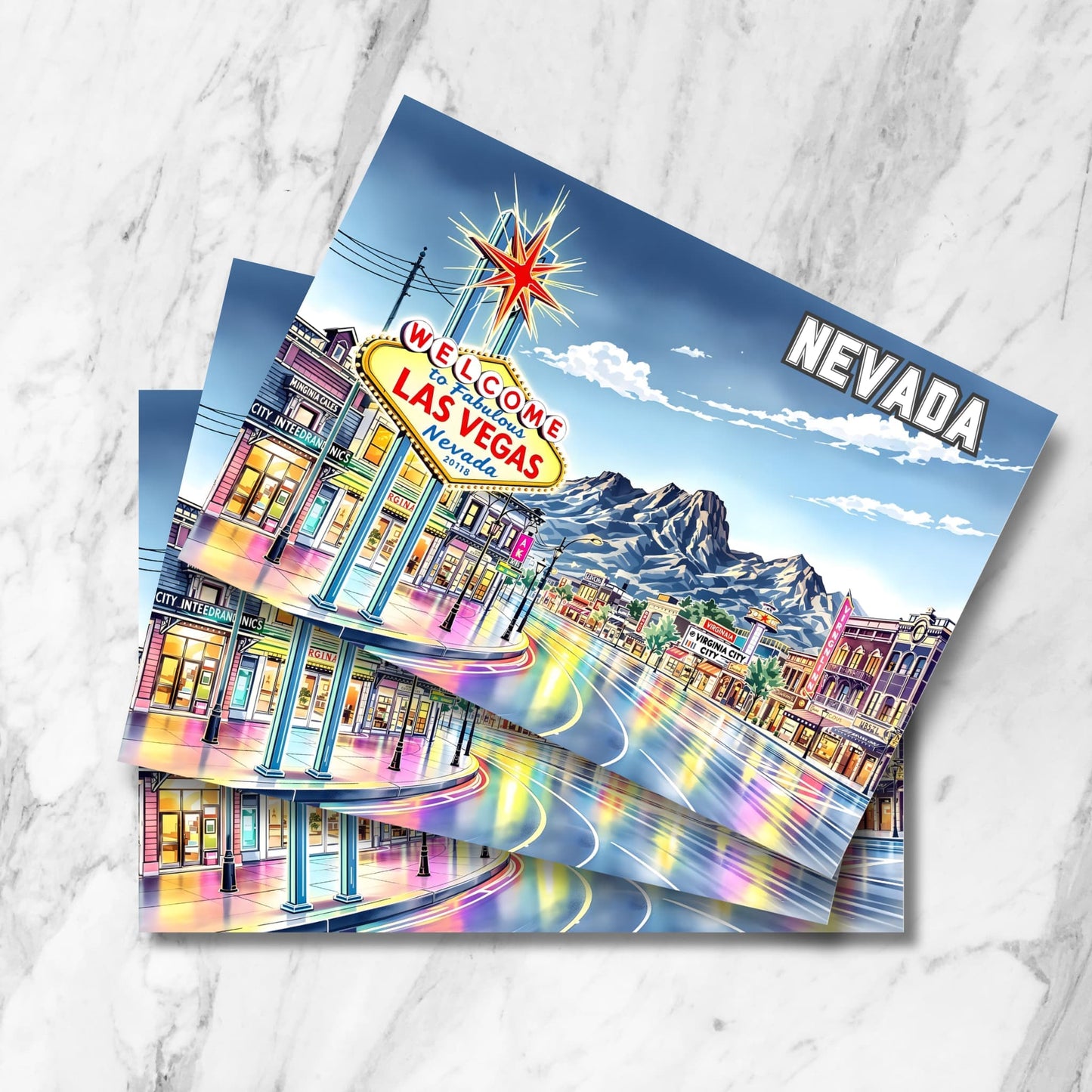 Illustrated Las Vegas skyline with glowing neon lights and vintage buildings under a starry sky – digital cityscape postcard design.
