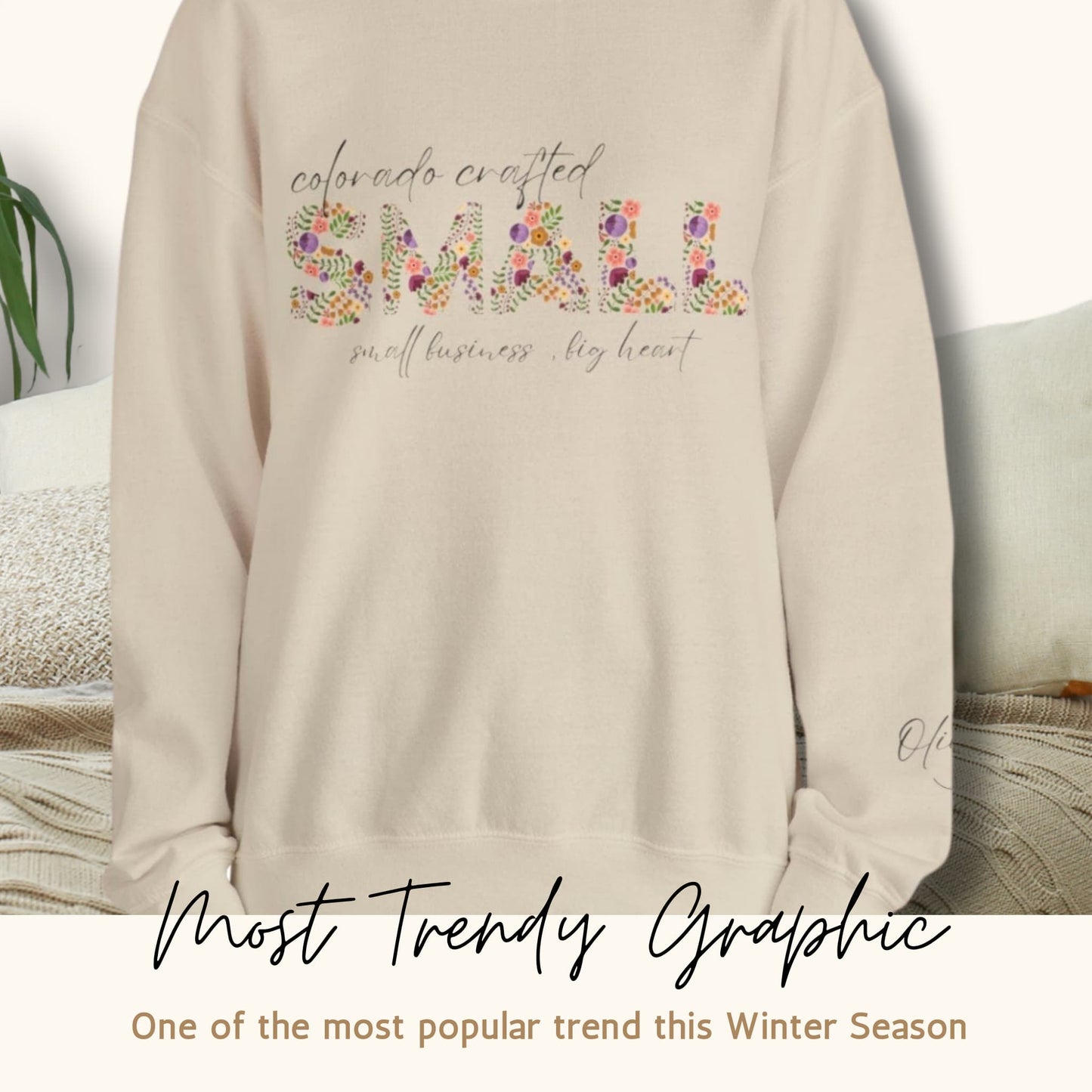 Model in a Lifestyle Setting Wearing the Custom Colorado Small Business Owner Crewneck Sweatshirt.