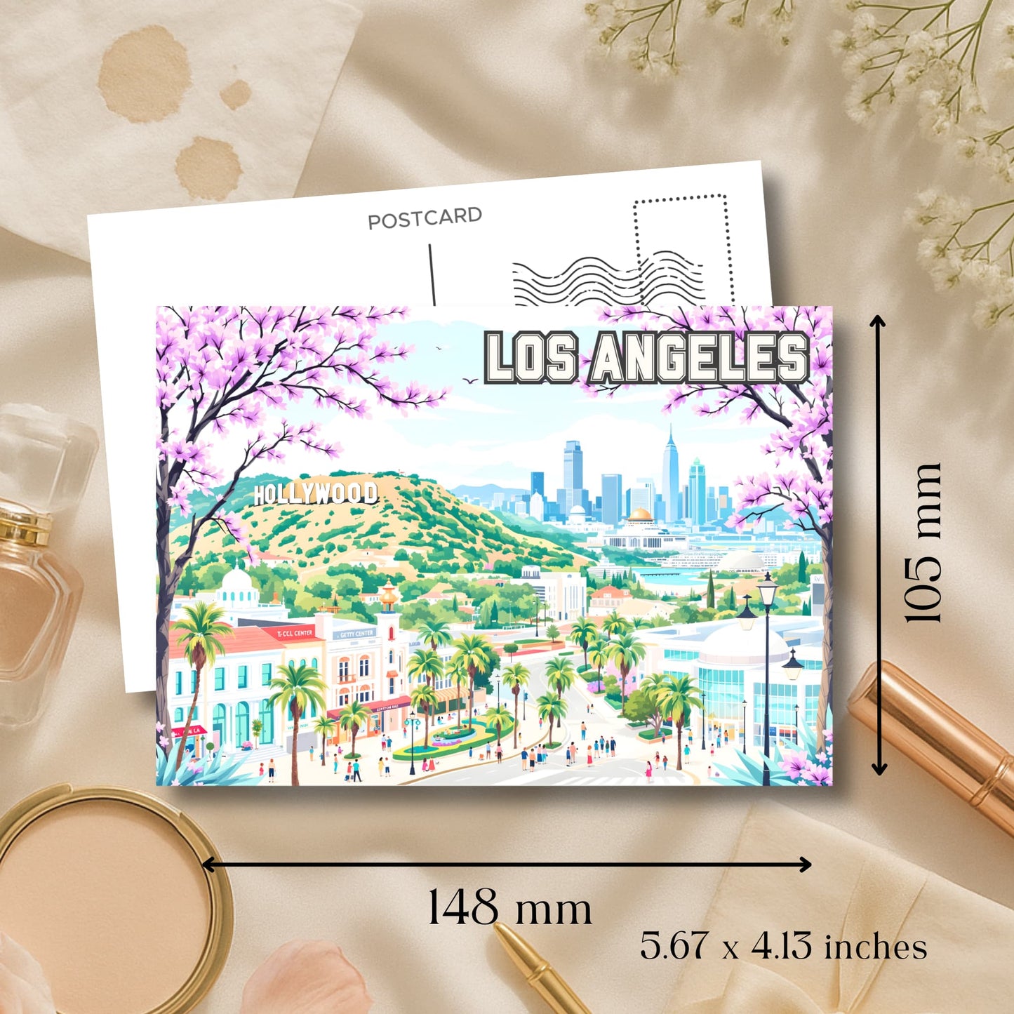 Los Angeles postcard art print showing 5.7x4.1 inch dimensions with Hollywood hills and palm trees.